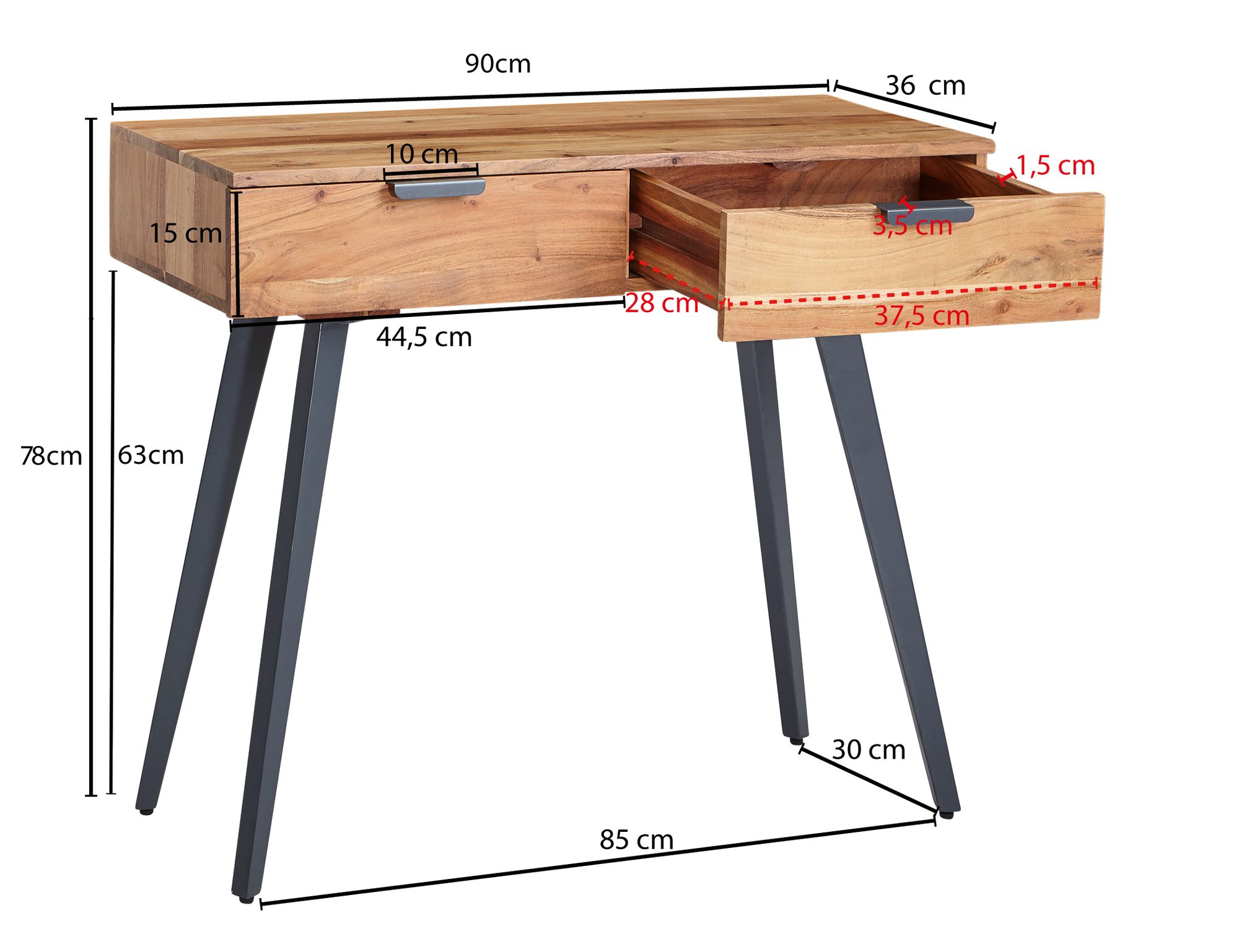 Console  90 x 78 x 36 centimetri di acacia console in legno massello / metallo con cassetti