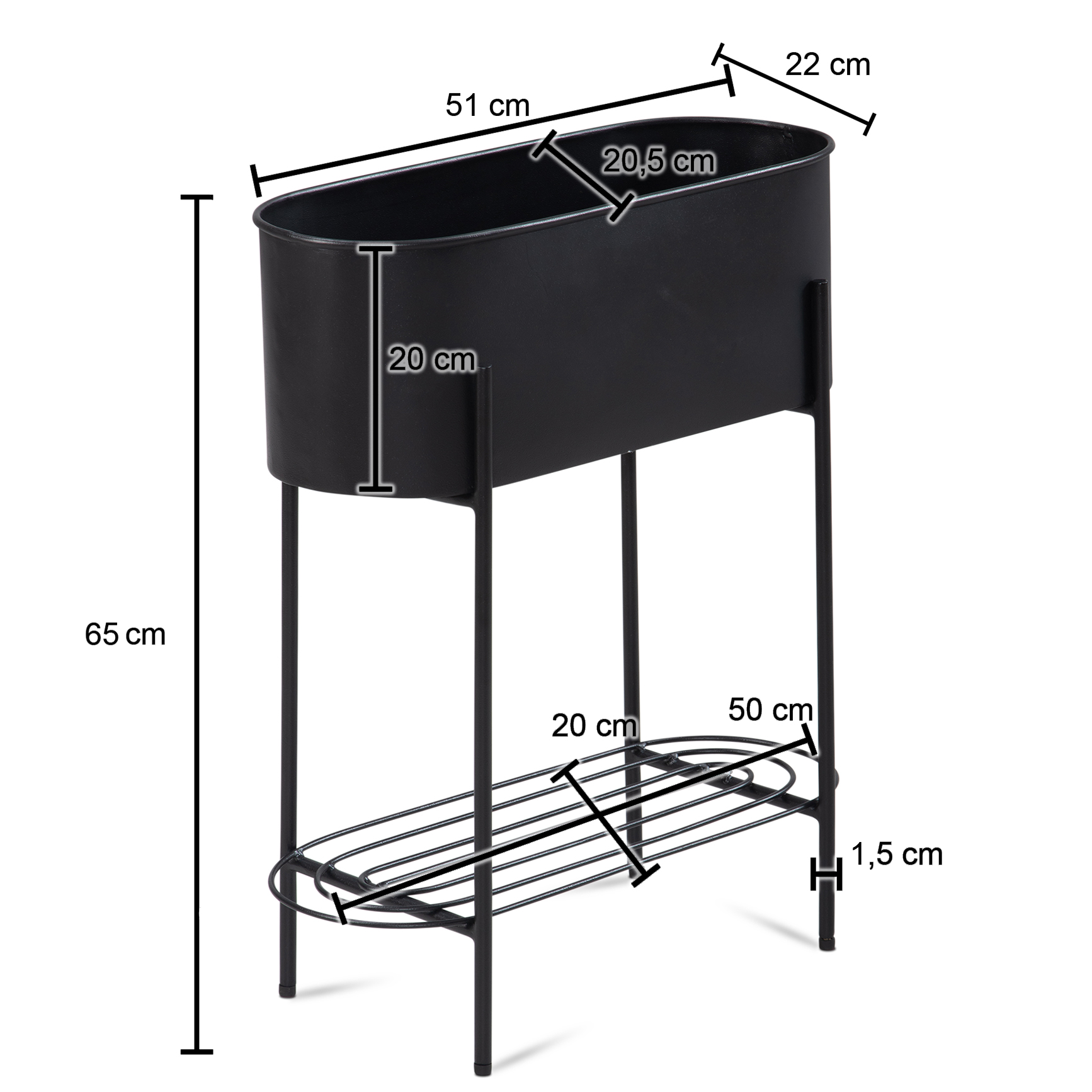 Fioriera in metallo 51x65x22 cm vaso per piante nero con telaio e ripiano