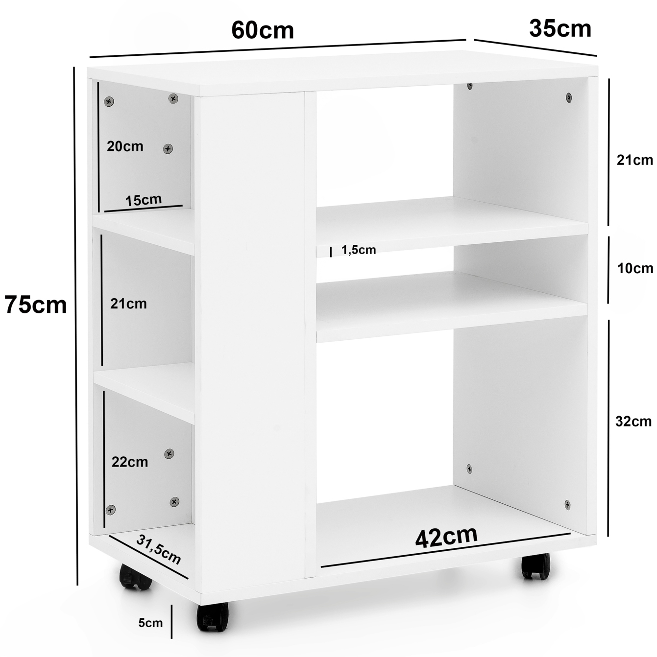 Scaffale  wl5.694 bianco 60 x 75 x 35 cm carrello con ruote in legno, scaffale da cucina stretto, carrello da tavolo per telefono moderno, scaffale per libri contenitore stretto alto