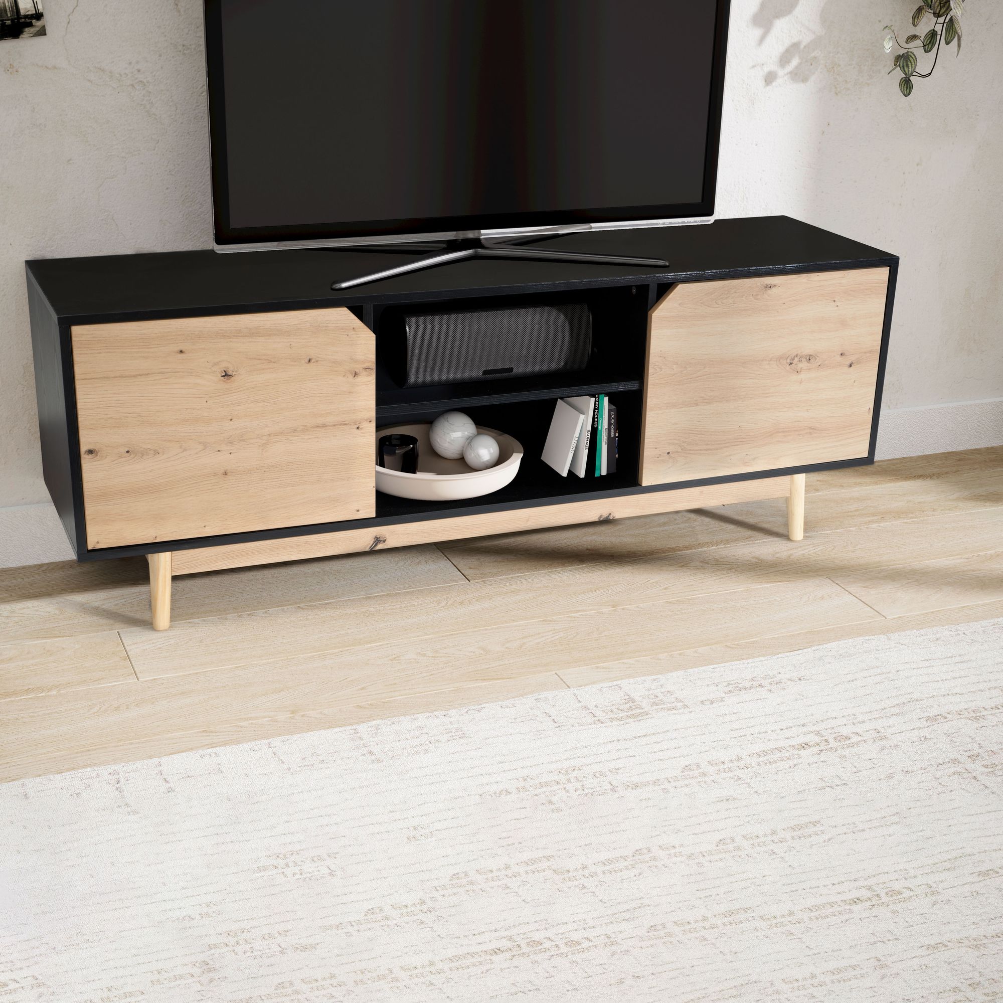 Credenza bassa decoro rovere nero 150x55x40 cm mobile tv moderno, mobile tv di design alto, tavolo tv mobile tv con due ante, mobile tv soggiorno