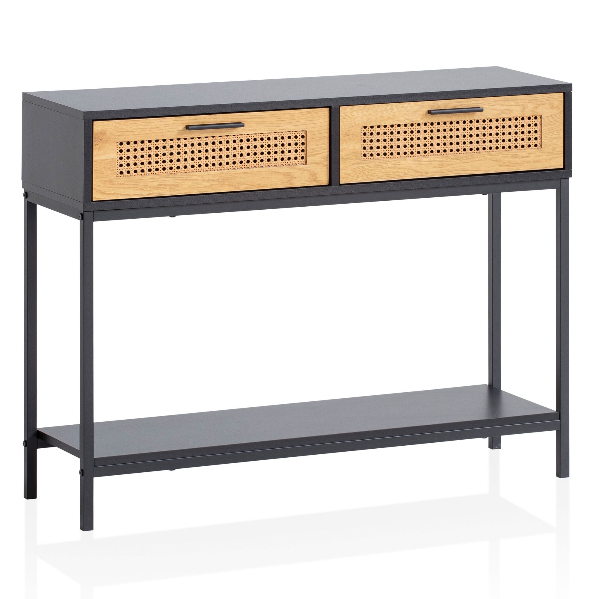 Tavolo consolle nero 100x30x75 cm stile moderno con cassetti, tavolo credenza vimini viennese con gambe di metallo, tavolo del corridoio stretto