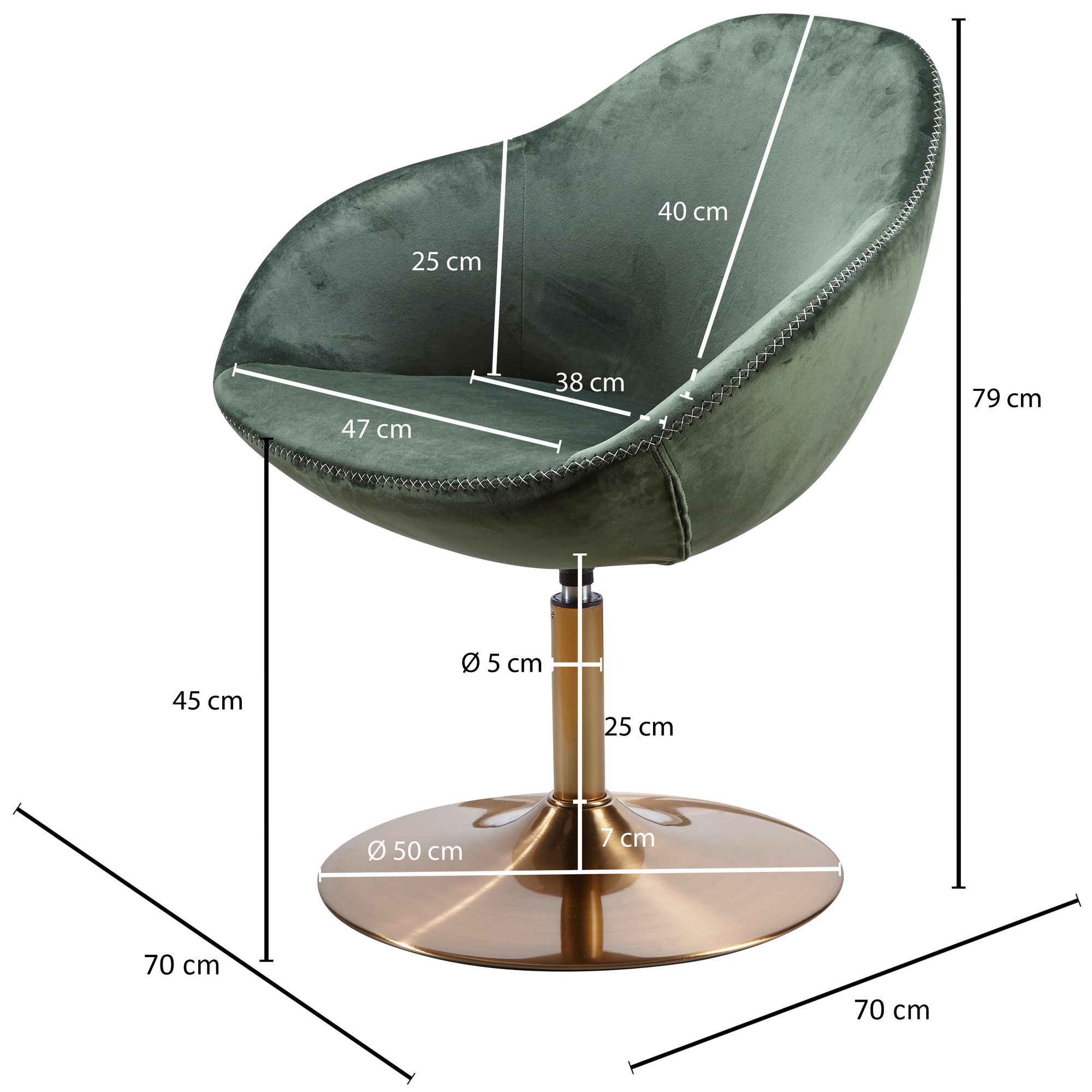 Chair sarin velluto verde / oro 70x79x70 cm sedia girevole design