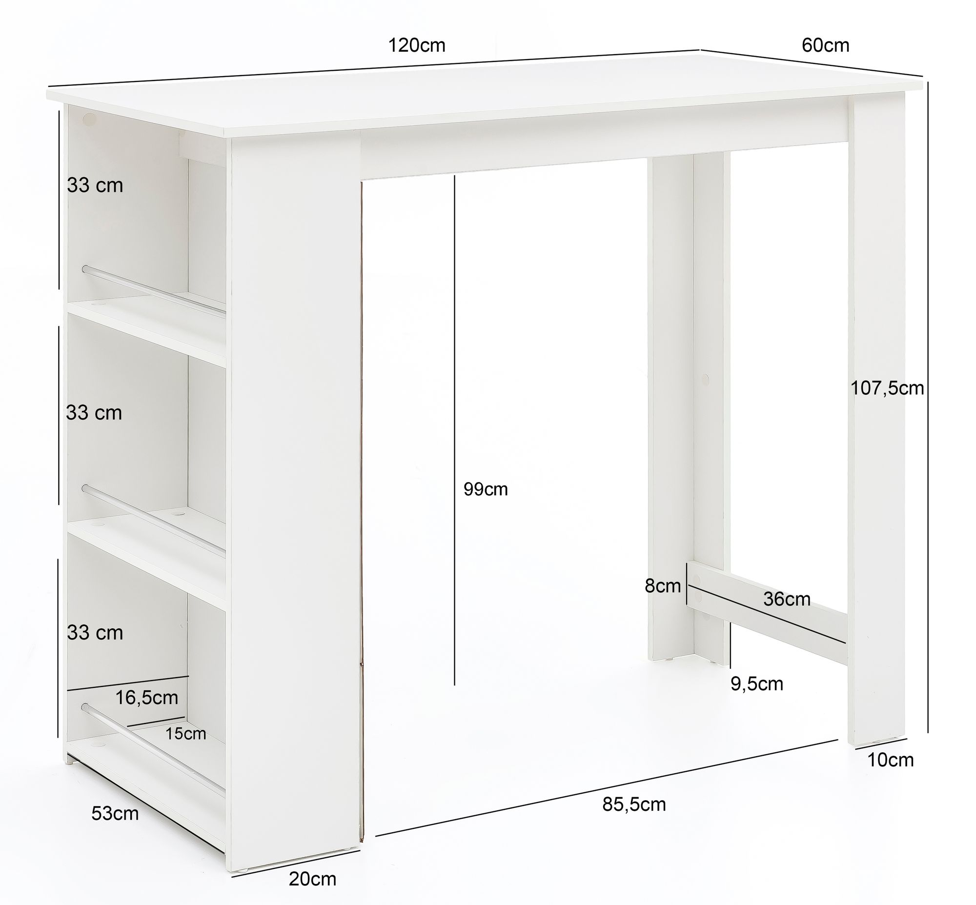 Wl5.732 bianco 120 x 107,5 x 60 cm tavolo da bar tavolo da cucina in legno