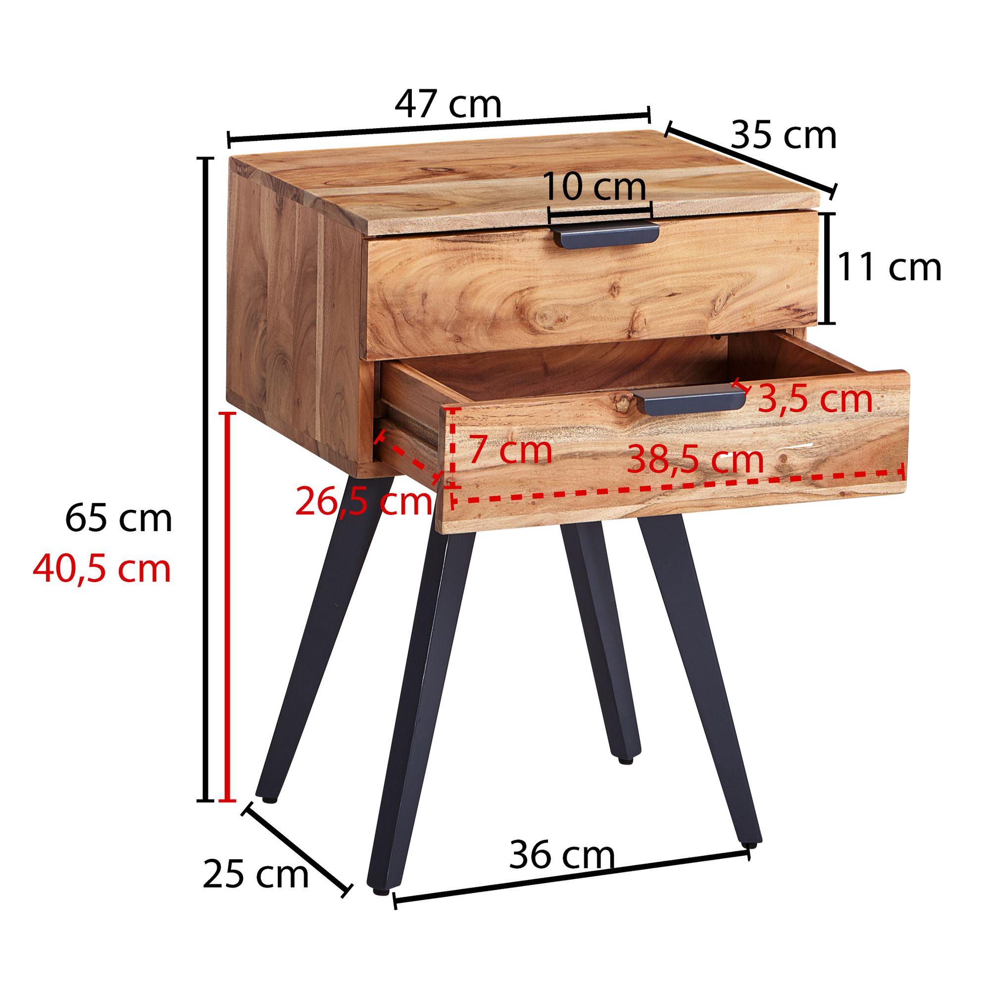 Comodino 47 x 65 x 35 cm comodino in legno massello di acacia letto a molle