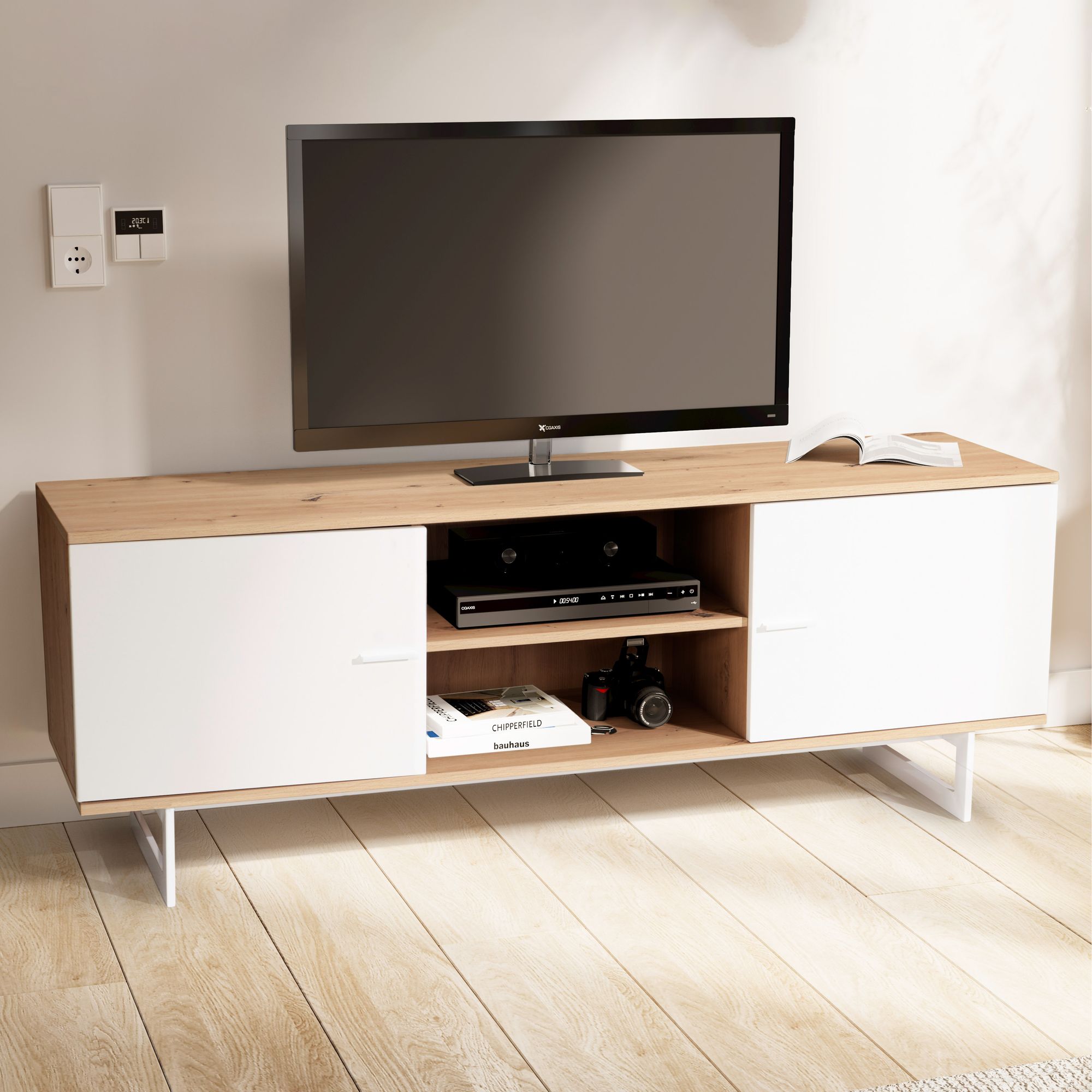 Credenza bassa in rovere bianco 150x55x40 cm mobile tv moderno, mobile tv di design alto, tavolo tv mobile tv con due ante, mobile tv soggiorno