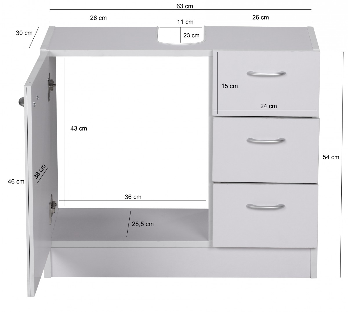 Mobile bagno 54 x 63 x 30 cm 1 anta, 3 cassetti, bianco