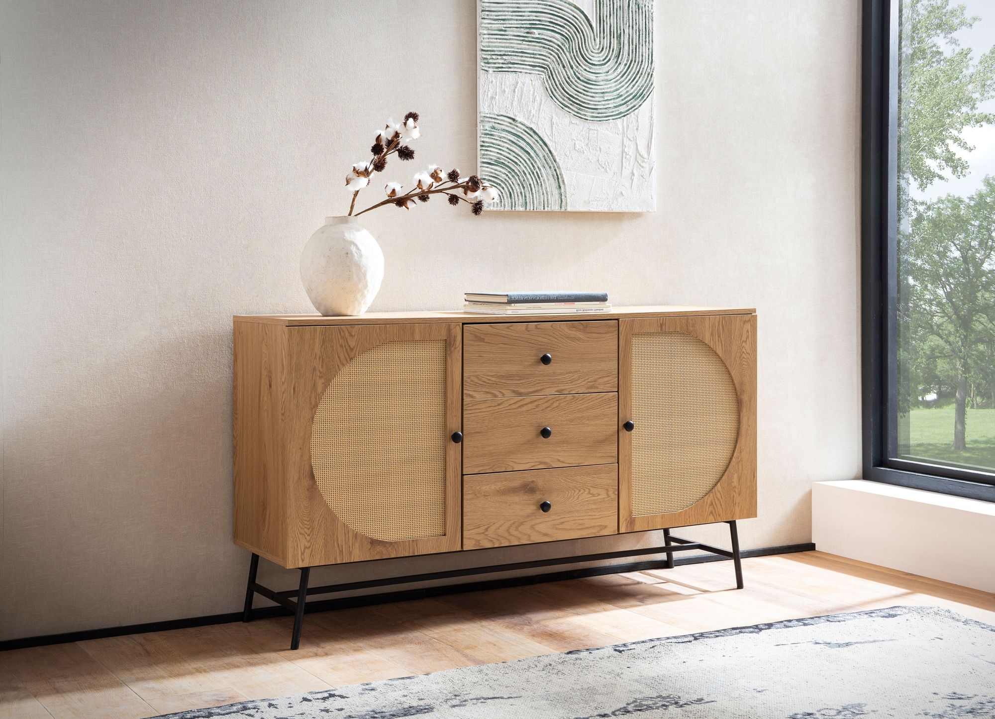 Credenza 140x80x40 cm cassettiera decoro rovere con intreccio in rattan moderna, cassettiera alta, armadio alto con 2 ante e 3 cassetti, credenza soggiorno