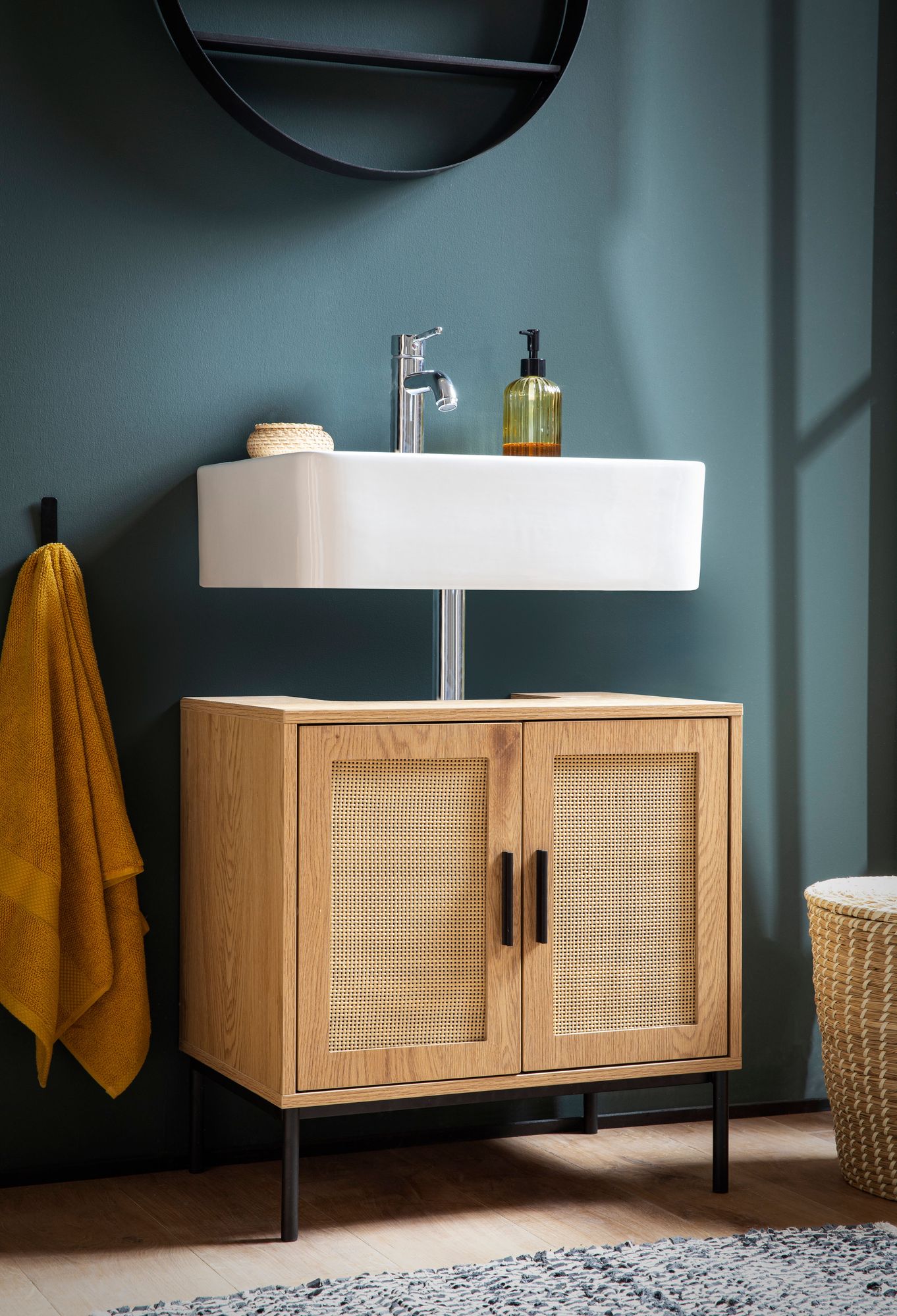 Mobile base per lavabo aspetto rovere 60x60x40 cm con ante, mobile da bagno con intreccio in rattan, mobile base in piedi, mobile da bagno mobile midi mobile piccolo lavabo