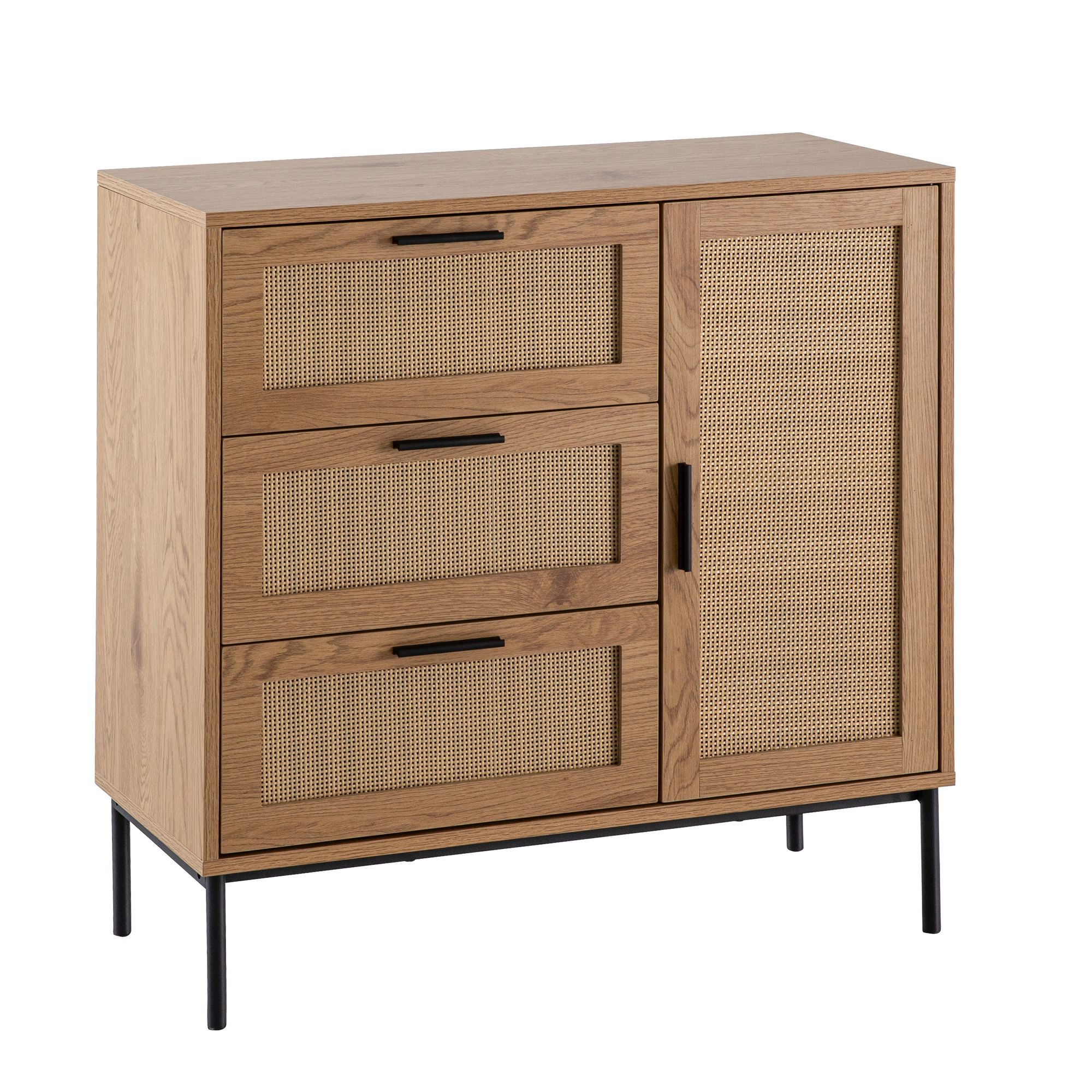 Cassettiera 80x82x36 cm cassettiera da ingresso decoro rovere e rattan, credenza con tre cassetti e anta, cassettiera moderna, credenza credenza cassettiera