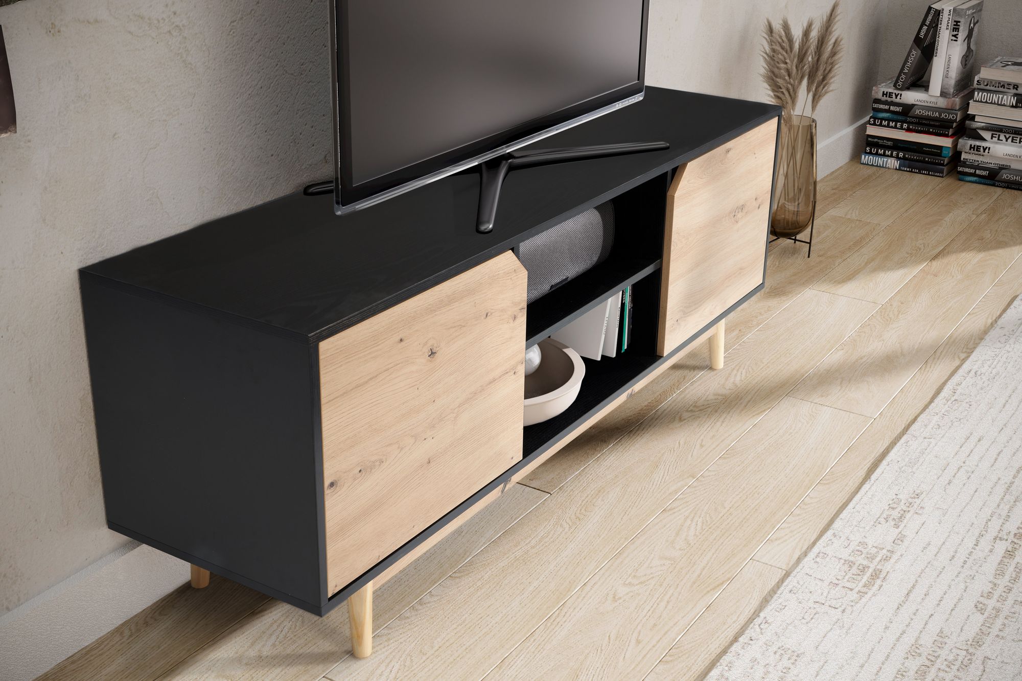 Credenza bassa decoro rovere nero 150x55x40 cm mobile tv moderno, mobile tv di design alto, tavolo tv mobile tv con due ante, mobile tv soggiorno