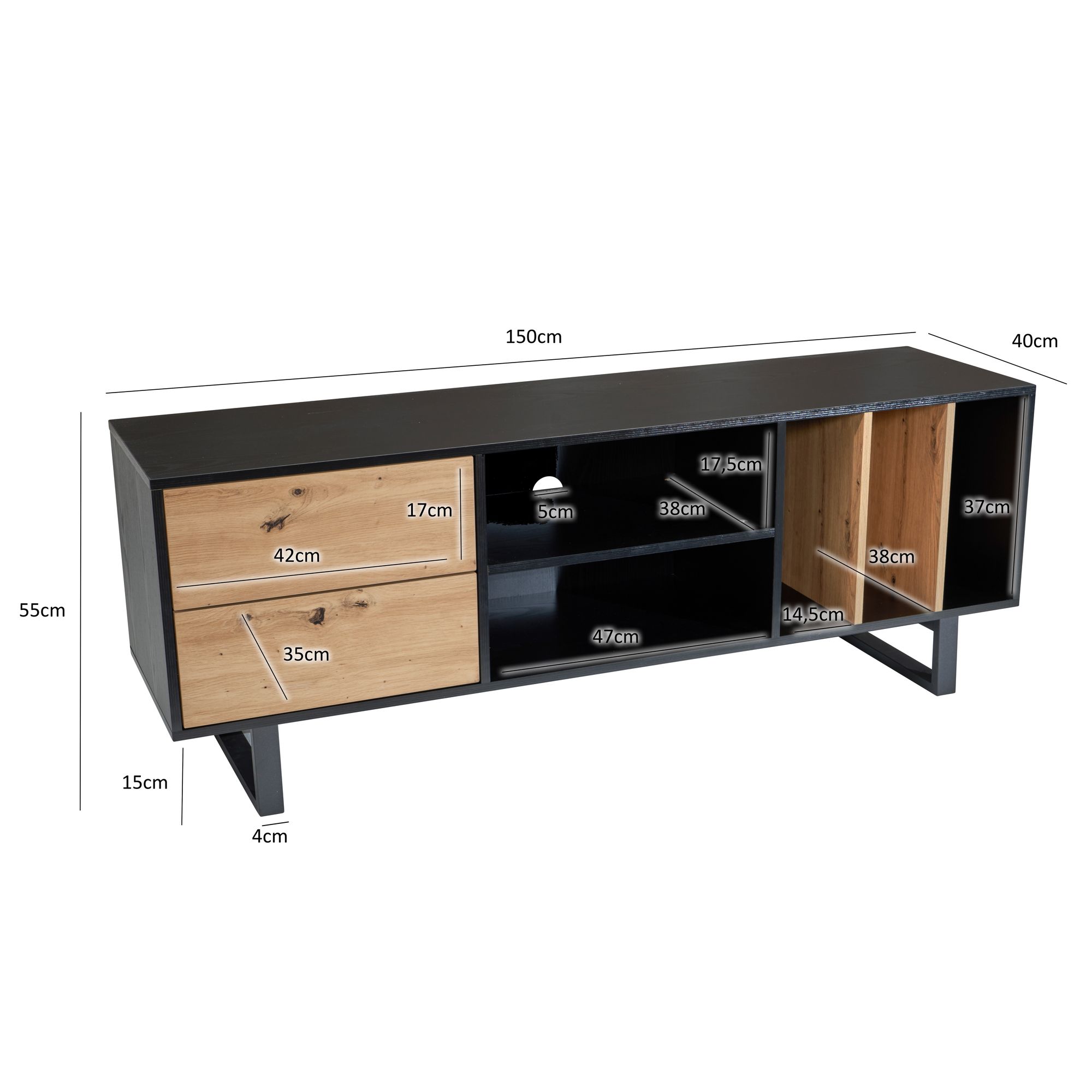 Credenza bassa nera con decoro in rovere 150x55x40 cm mobile tv moderno, mobile tv di design alto, tavolo tv mobile tv con cassetti e ripiano, mobile tv soggiorno