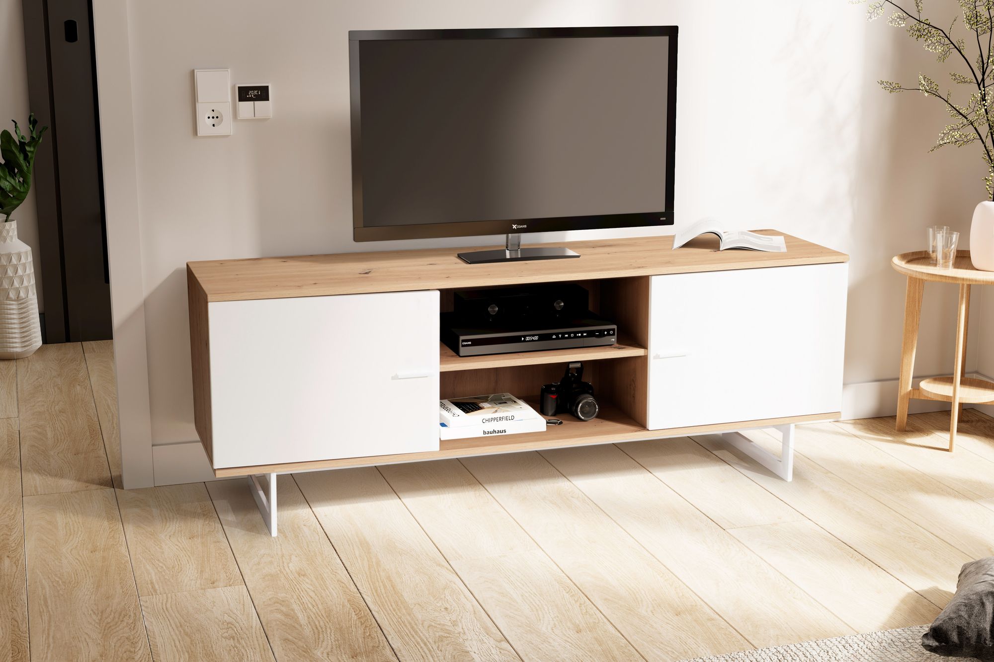 Credenza bassa in rovere bianco 150x55x40 cm mobile tv moderno, mobile tv di design alto, tavolo tv mobile tv con due ante, mobile tv soggiorno