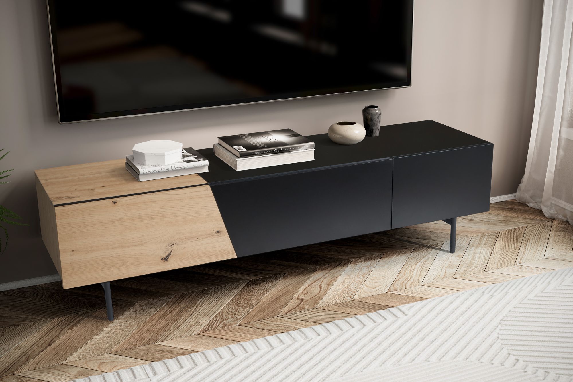 Credenza bassa nera con decoro in rovere 150x40x40 cm mobile tv moderno, mobile tv di design basso, tavolo tv mobile tv con ante e cassetto, mobile tv soggiorno