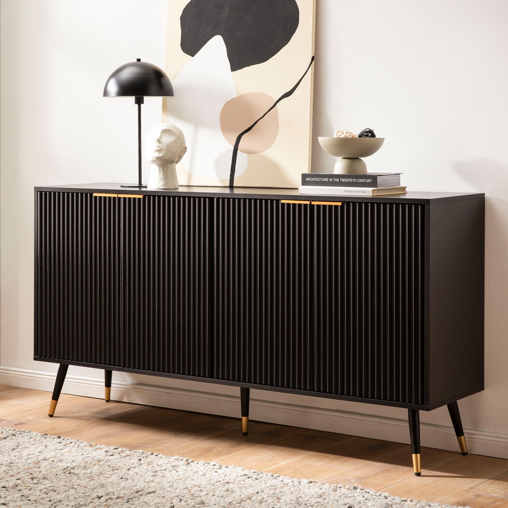 Credenza 150x81x39 cm credenza nera con decoro in rovere, cassettiera con ante, cassettiera mobile da ingresso moderna, mobile da soggiorno gambe in metallo