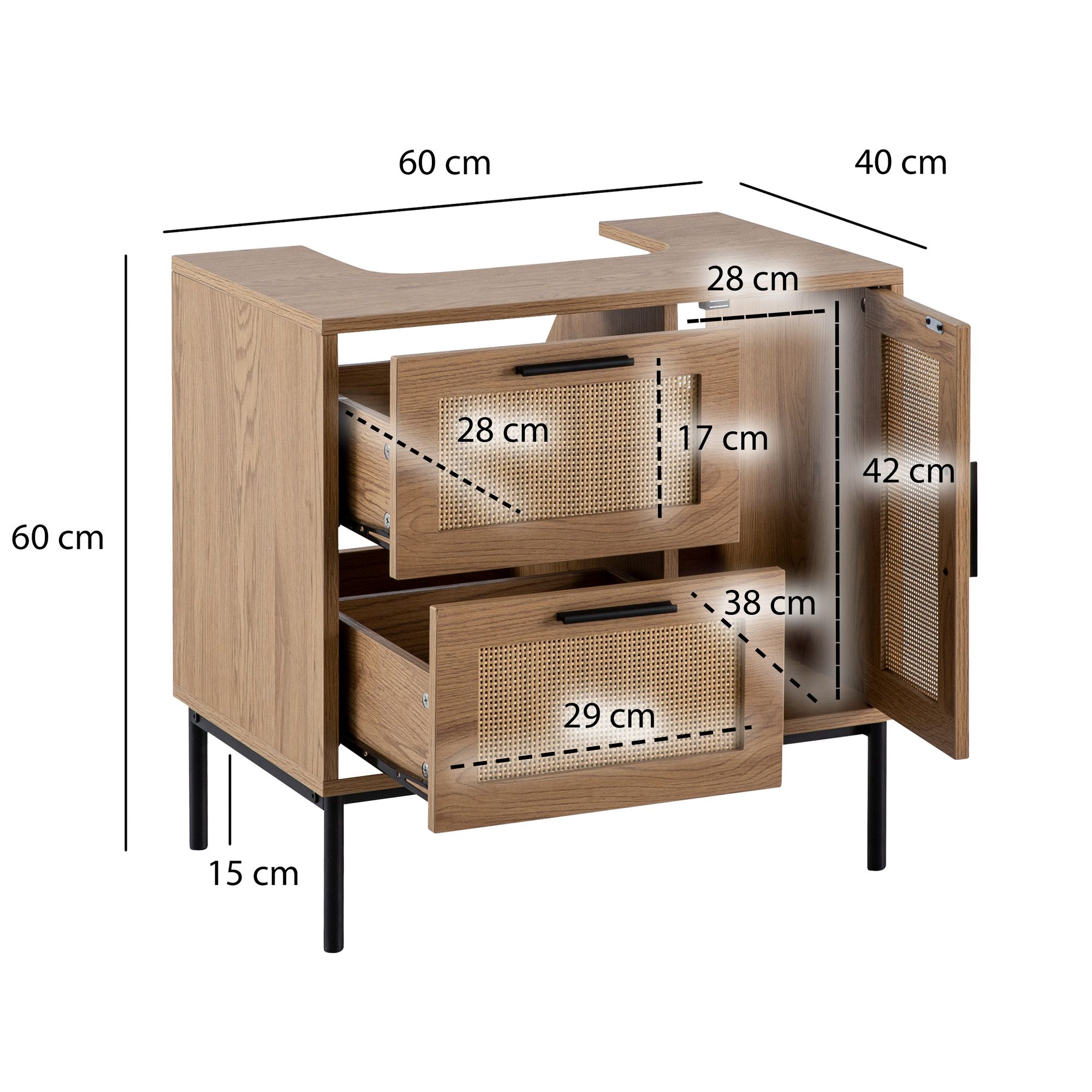 Mobile base lavabo 60x60x40 cm aspetto rovere con ante e cassetti, design mobile sottolavabo piccolo, mobiletto da bagno moderno con piedi