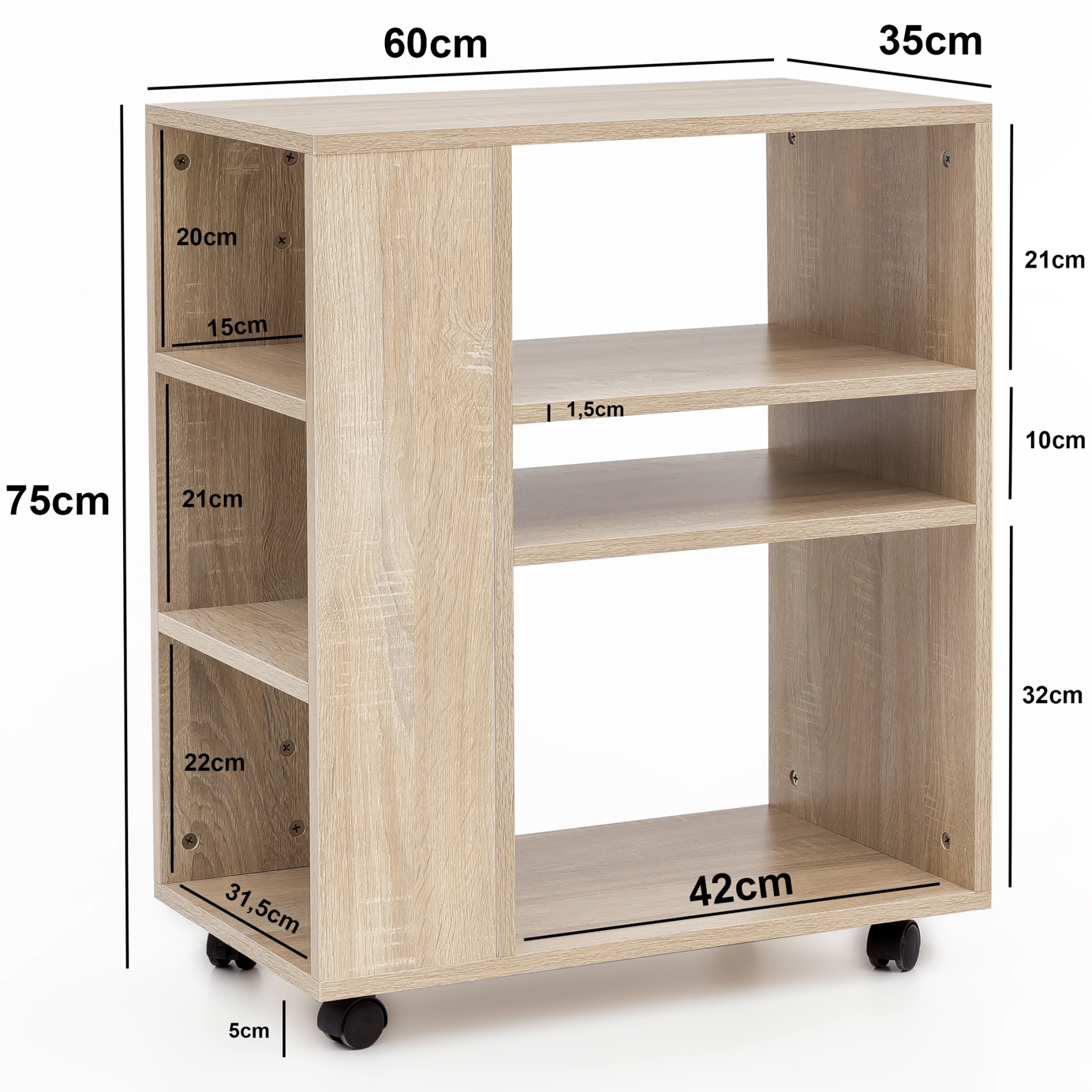 Scaffale wl5.695 sonoma 60x35x75 cm carrello con ruote in legno, scaffale da cucina stretto, carrello da tavolo per telefono moderno, scaffale per libri contenitore stretto alto