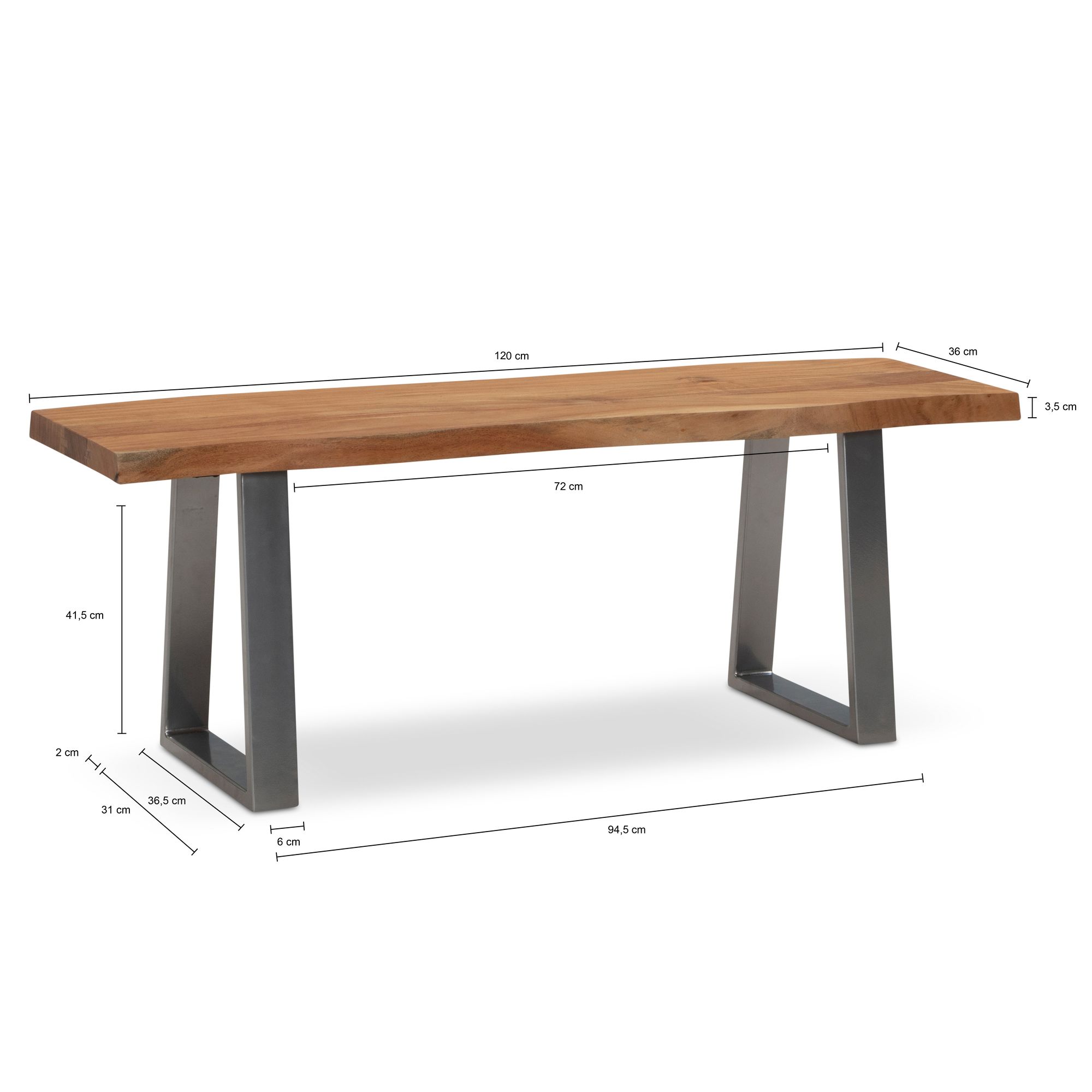 Panca guardaroba 120x40x45,5 cm legno massello di acacia / metallo con bordo albero, panca da ingresso panca in legno massiccio senza schienale, panca da ingresso moderna zona ingresso piccole gambe trapezoidali cromate