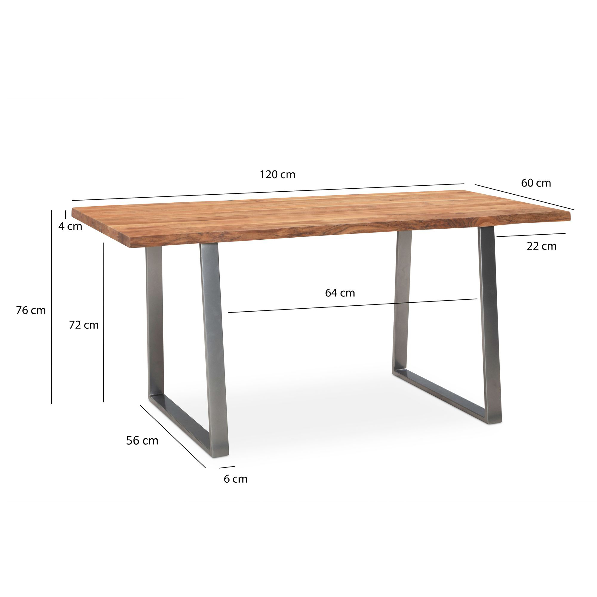 Tavolo da pranzo 120x60x76 cm tavolo da pranzo in legno massello di acacia / metallo bordo albero, tavolo da cucina massiccio con gambe trapezoidali cromate, tavolo in legno tavolo da pranzo sala da pranzo rettangolare