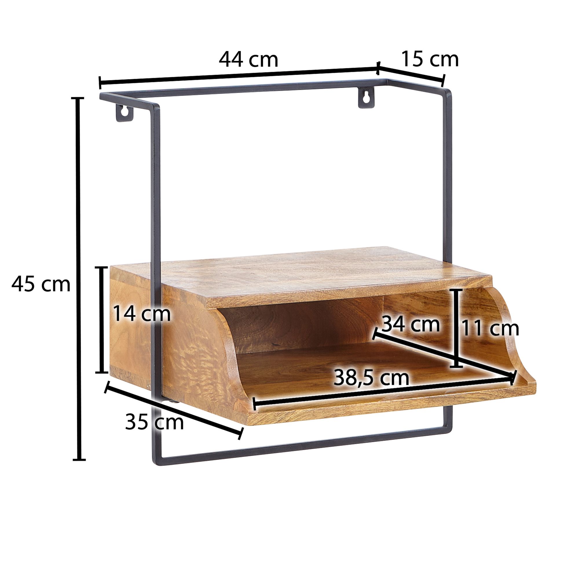 Comodino da letto da muro legno massello mango / metallo 44x45x35 cm