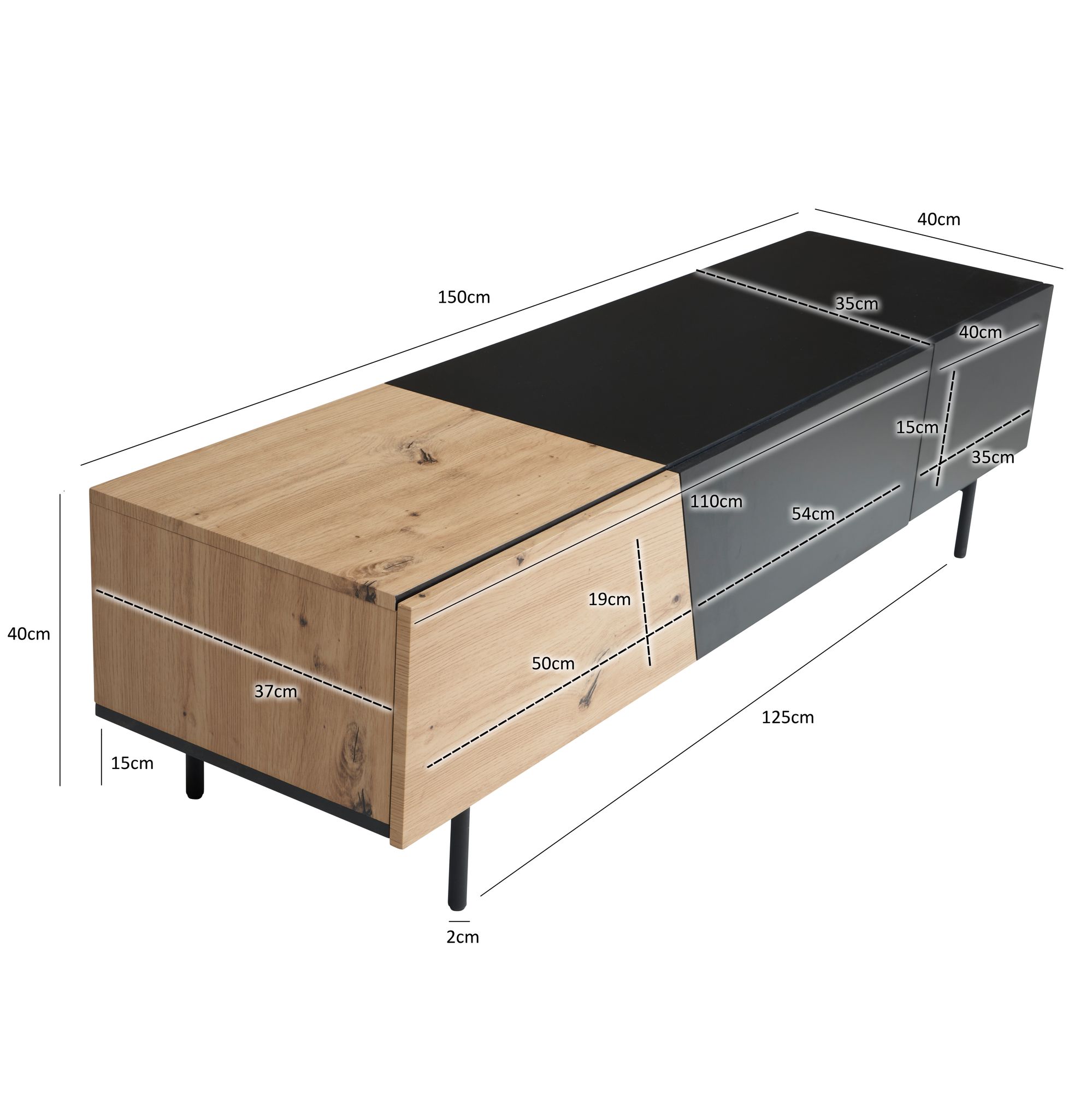 Credenza bassa nera con decoro in rovere 150x40x40 cm mobile tv moderno, mobile tv di design basso, tavolo tv mobile tv con ante e cassetto, mobile tv soggiorno