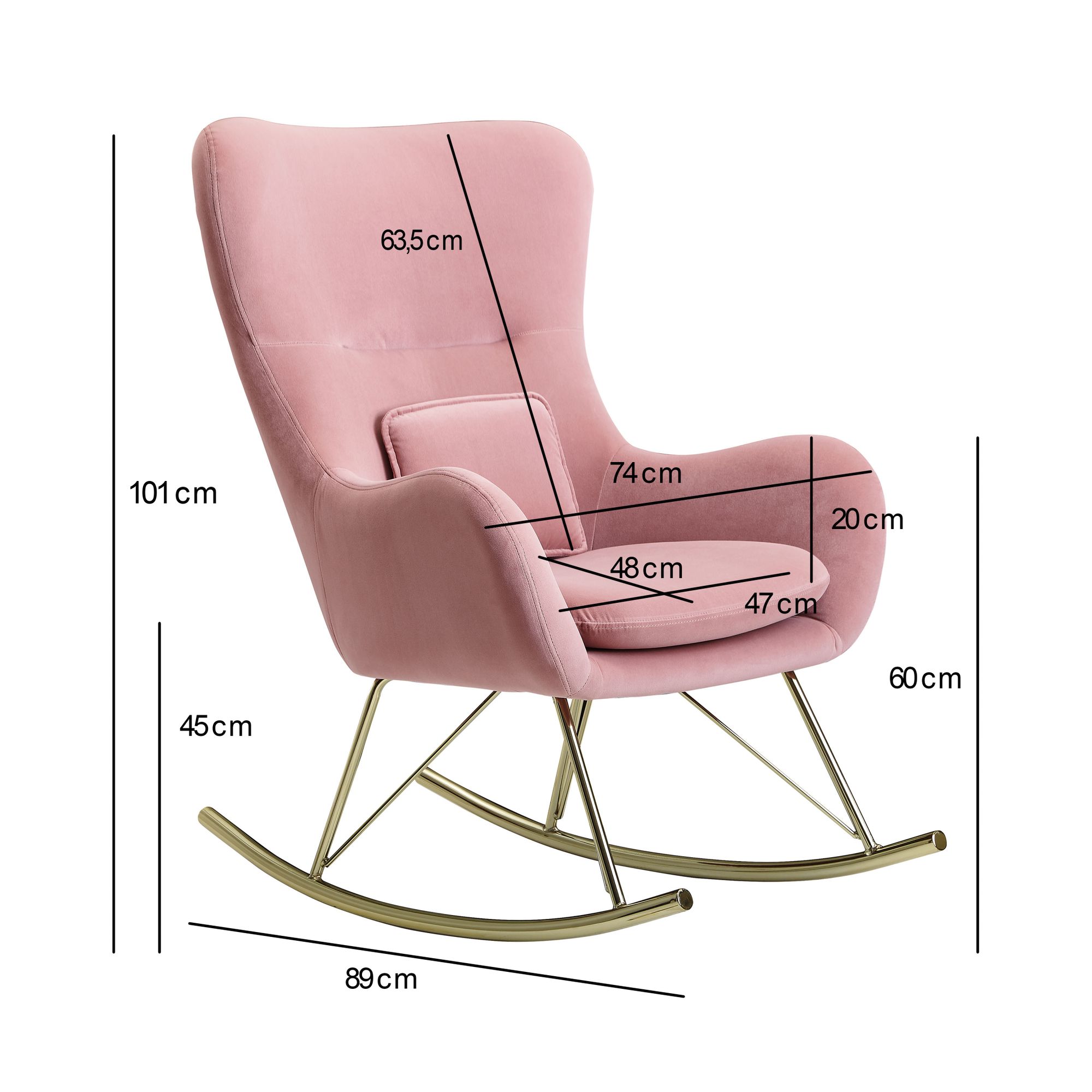 Sedia a dondolo velluto / metallo rosa 74x101x89 cm con gambe dorate