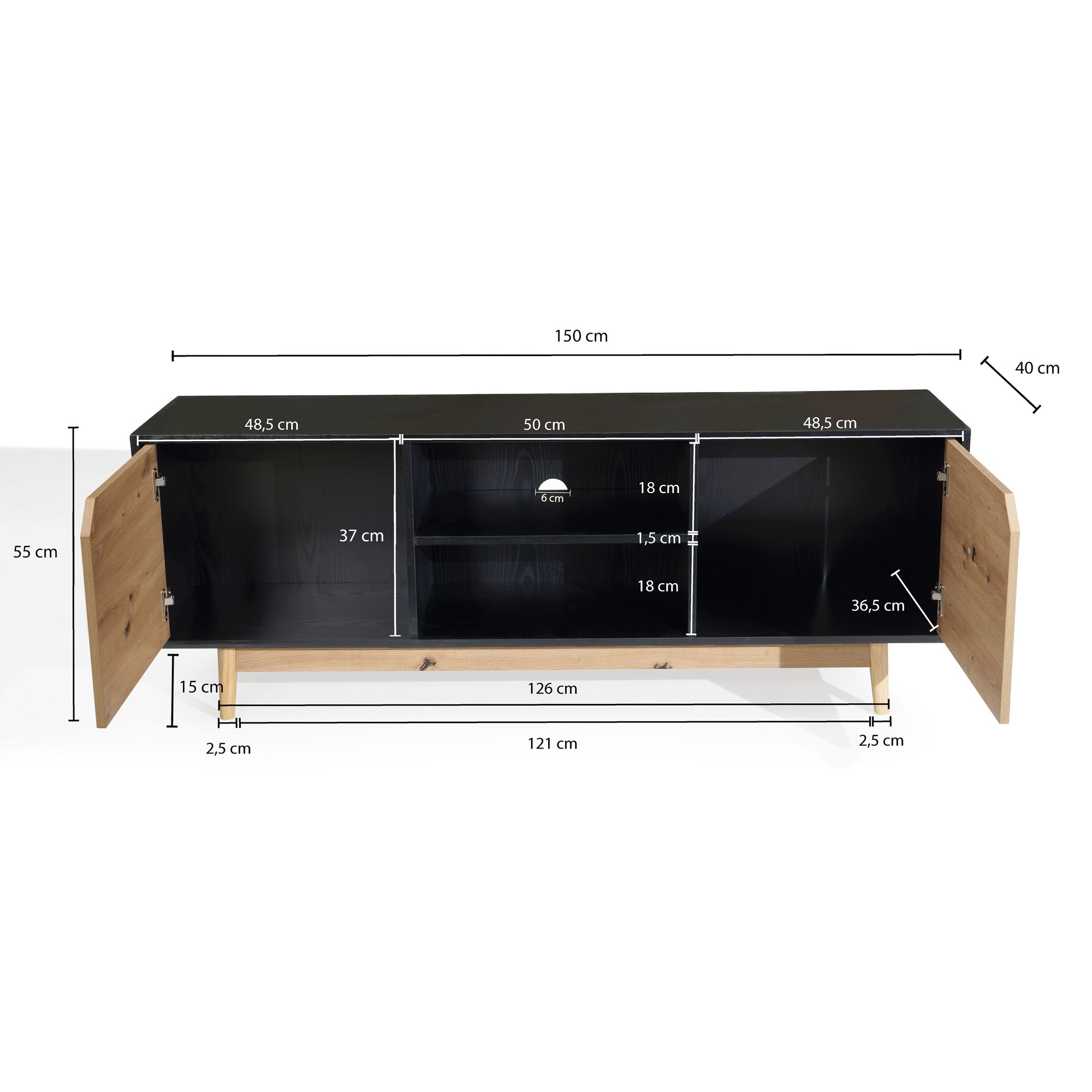 Credenza bassa decoro rovere nero 150x55x40 cm mobile tv moderno, mobile tv di design alto, tavolo tv mobile tv con due ante, mobile tv soggiorno