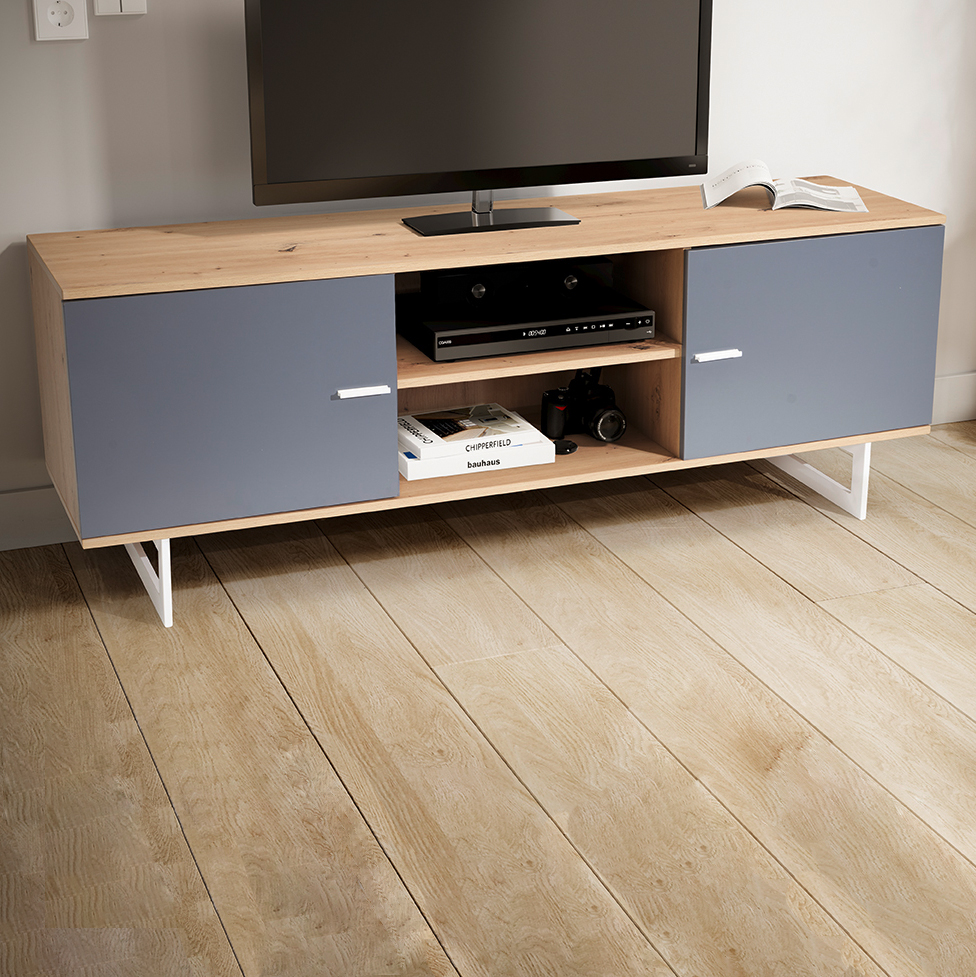 Tv basso in rovere grigio 150x55x40 cm mobile tv moderno, mobile tv di design alto, tavolo tv mobile tv con due ante, mobile tv soggiorno