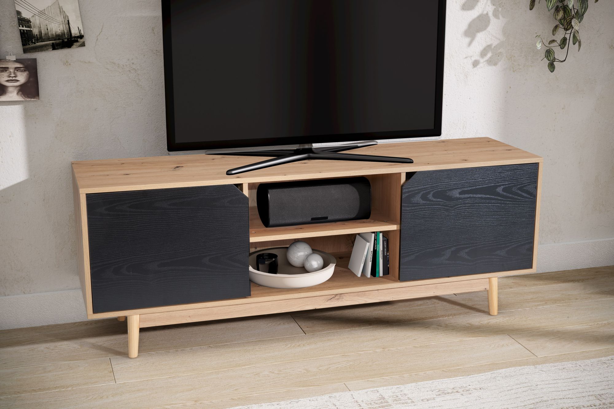 Mobile tv basso con decoro in rovere nero 150x55x40 cm mobile tv moderno, mobile tv di design alto, tavolo tv mobile tv con due ante, mobile tv soggiorno