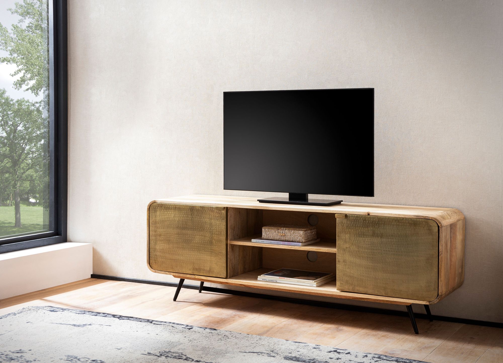 Mobile tv lowboard in legno massello di mango 160x55x41 cm con due ante forate, mobile tv di design alto, tavolo tv mobile tv moderno, mobile tv soggiorno