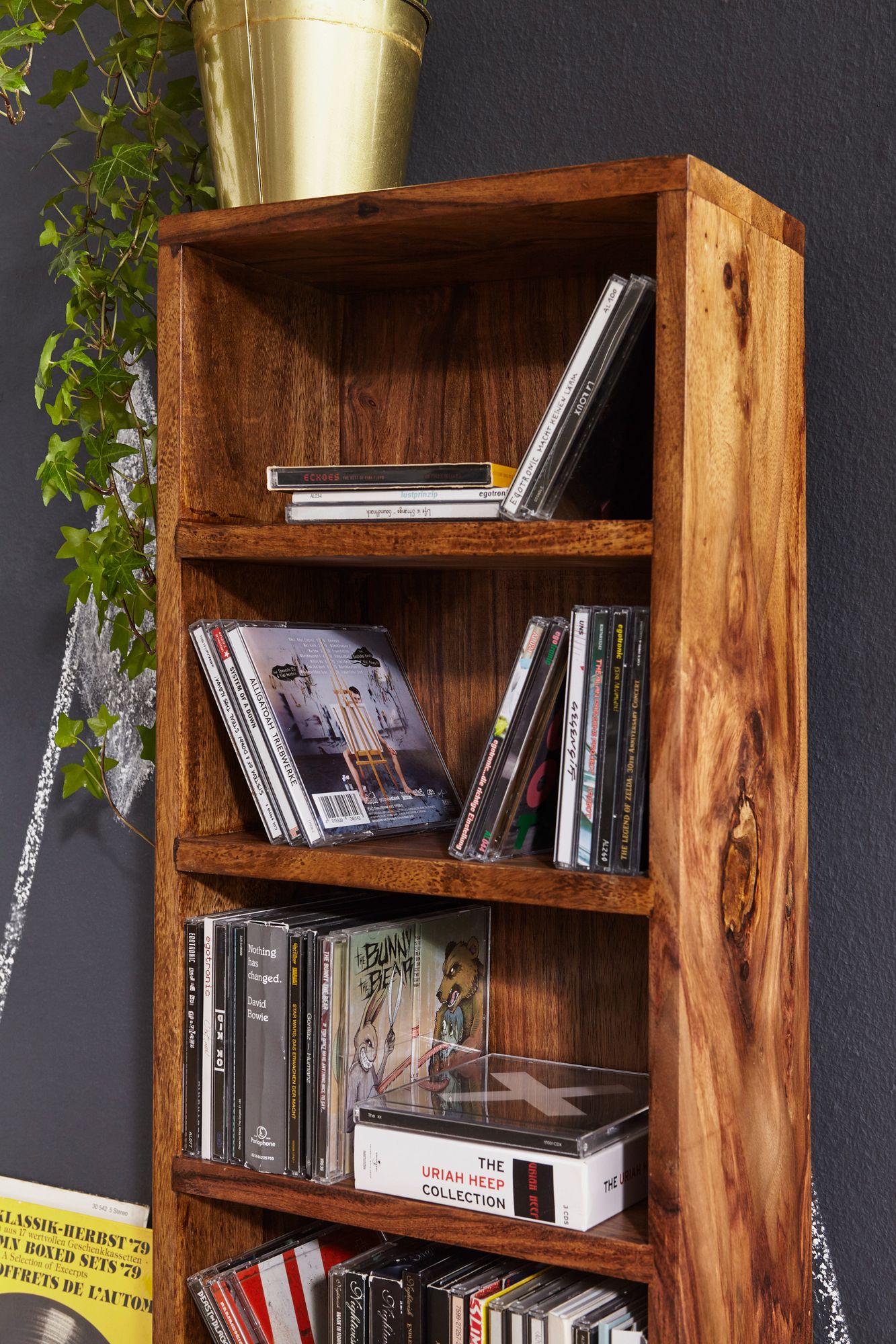 Mensola cd in legno massello sheesham piedi scaffalature 90 cm vani portaoggetti alta cd 5 libreria in stile country naturale