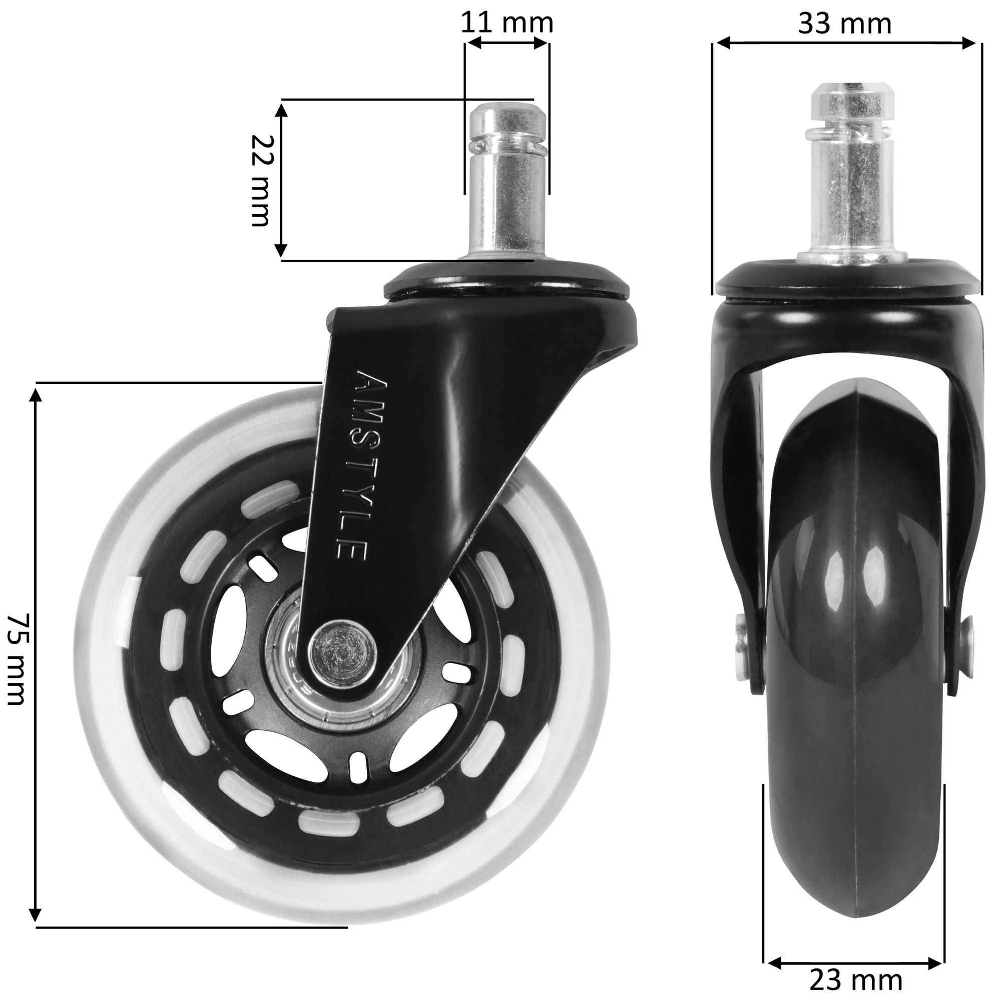 Ruote gomma per sedia da ufficio nero ø 75 mm perno in metallo 11 mm