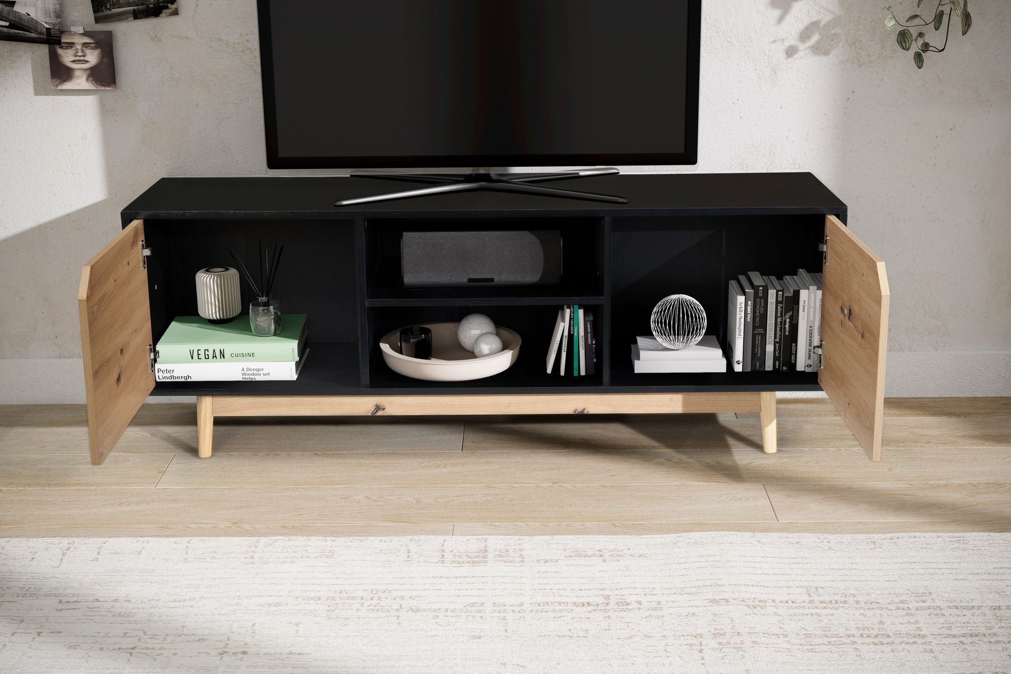 Credenza bassa decoro rovere nero 150x55x40 cm mobile tv moderno, mobile tv di design alto, tavolo tv mobile tv con due ante, mobile tv soggiorno