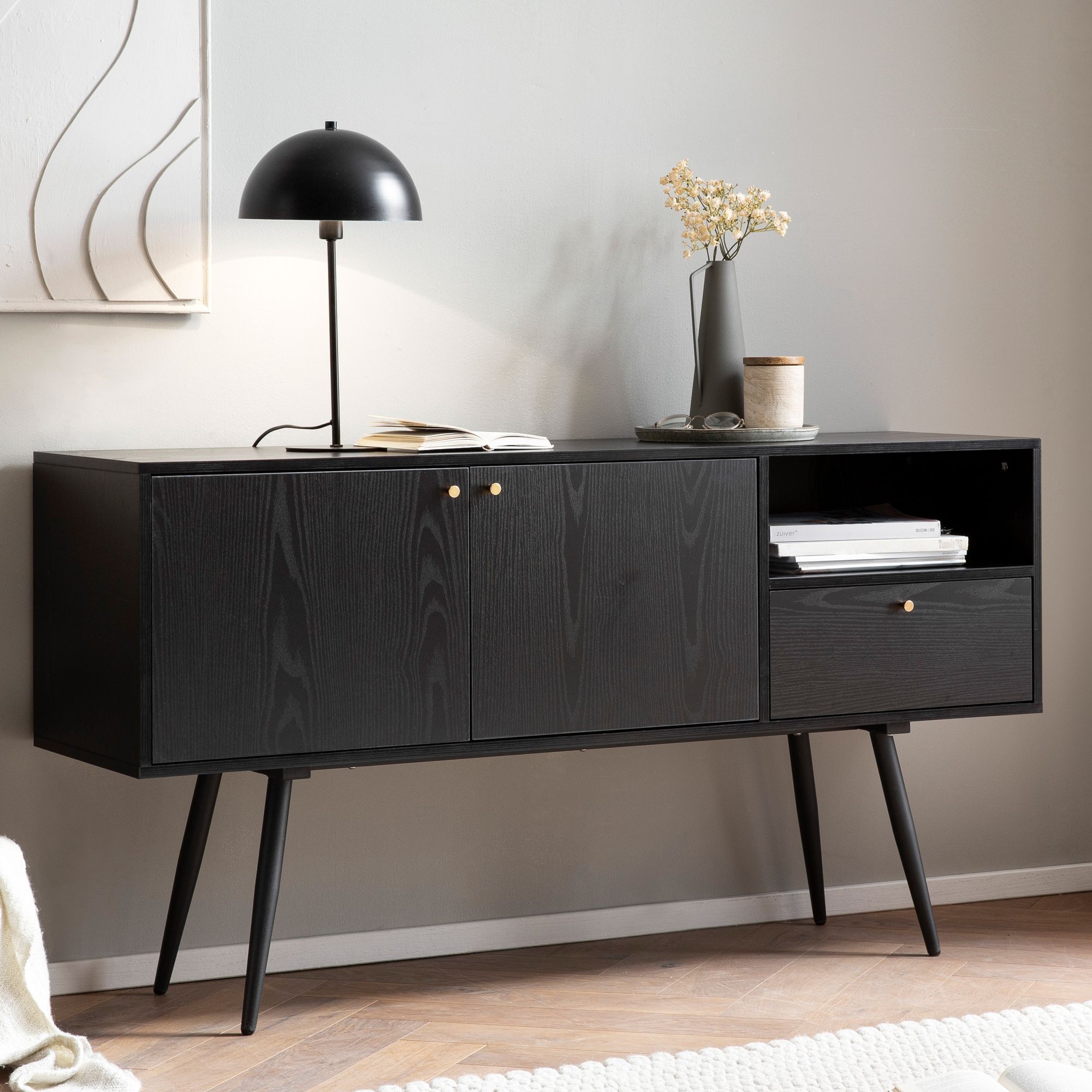 Credenza 140x75x40 cm cassettiera nera con decoro rovere senza tempo, cassettiera alta, armadio alto soggiorno con 2 ante e cassetto, credenza con vano aperto