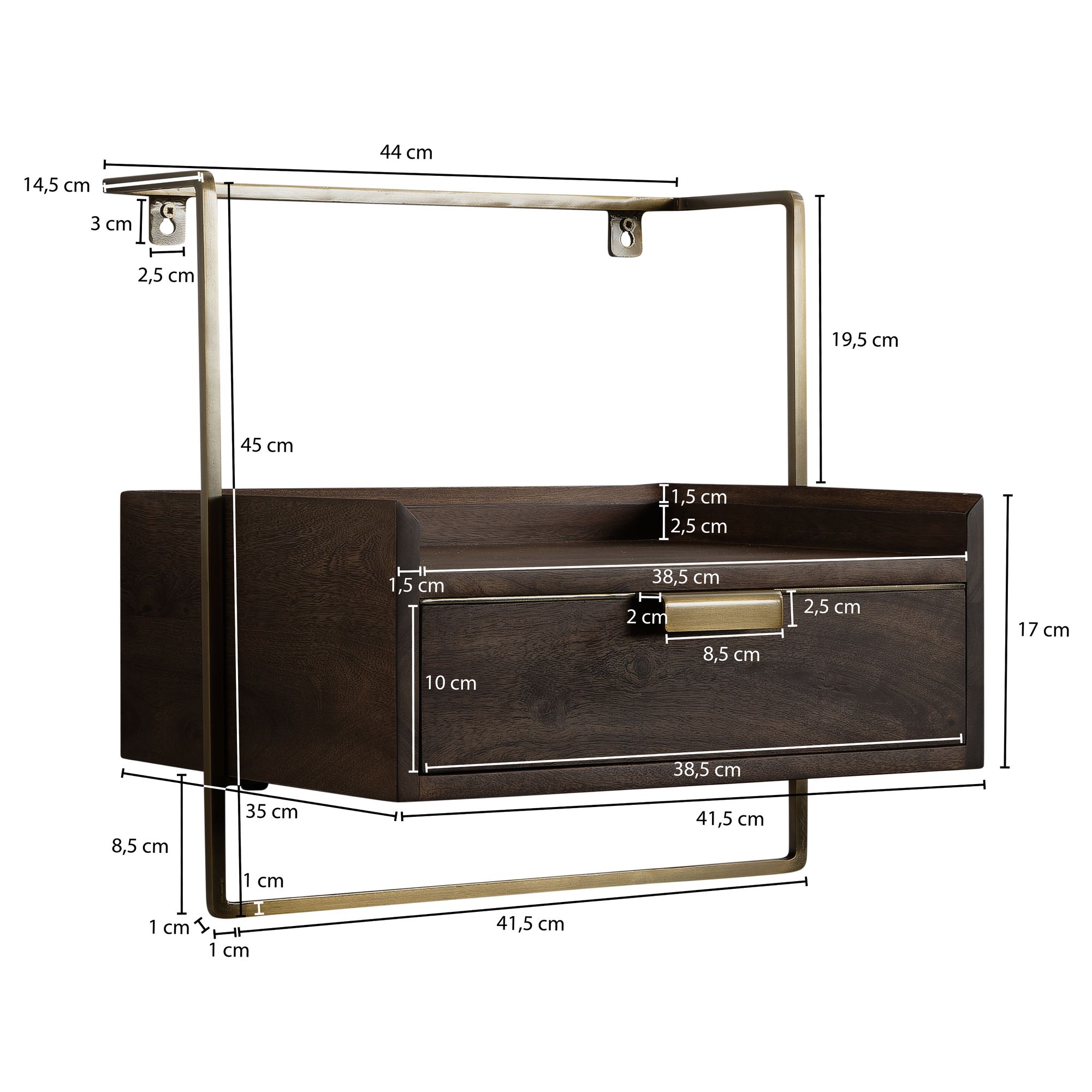 Comodino da letto da muro legno massello mango metallo 44x45x35 cm, consolle notturna marone scuro industriale con cassetto, tavolino da notte da parete