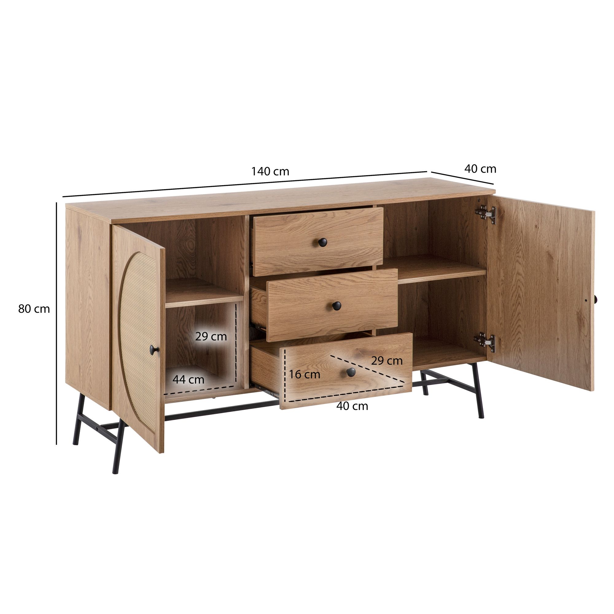 Credenza 140x80x40 cm cassettiera decoro rovere con intreccio in rattan moderna, cassettiera alta, armadio alto con 2 ante e 3 cassetti, credenza soggiorno