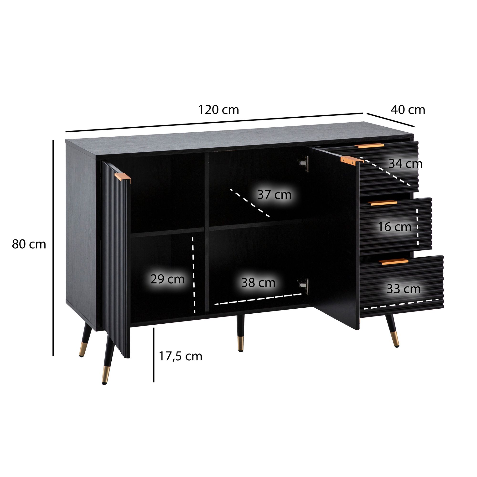 Credenza 120x80x40 cm credenza nera con decoro in rovere, cassettiera con ante e cassetti, cassettiera mobile da ingresso moderna, mobile da soggiorno gambe in metallo