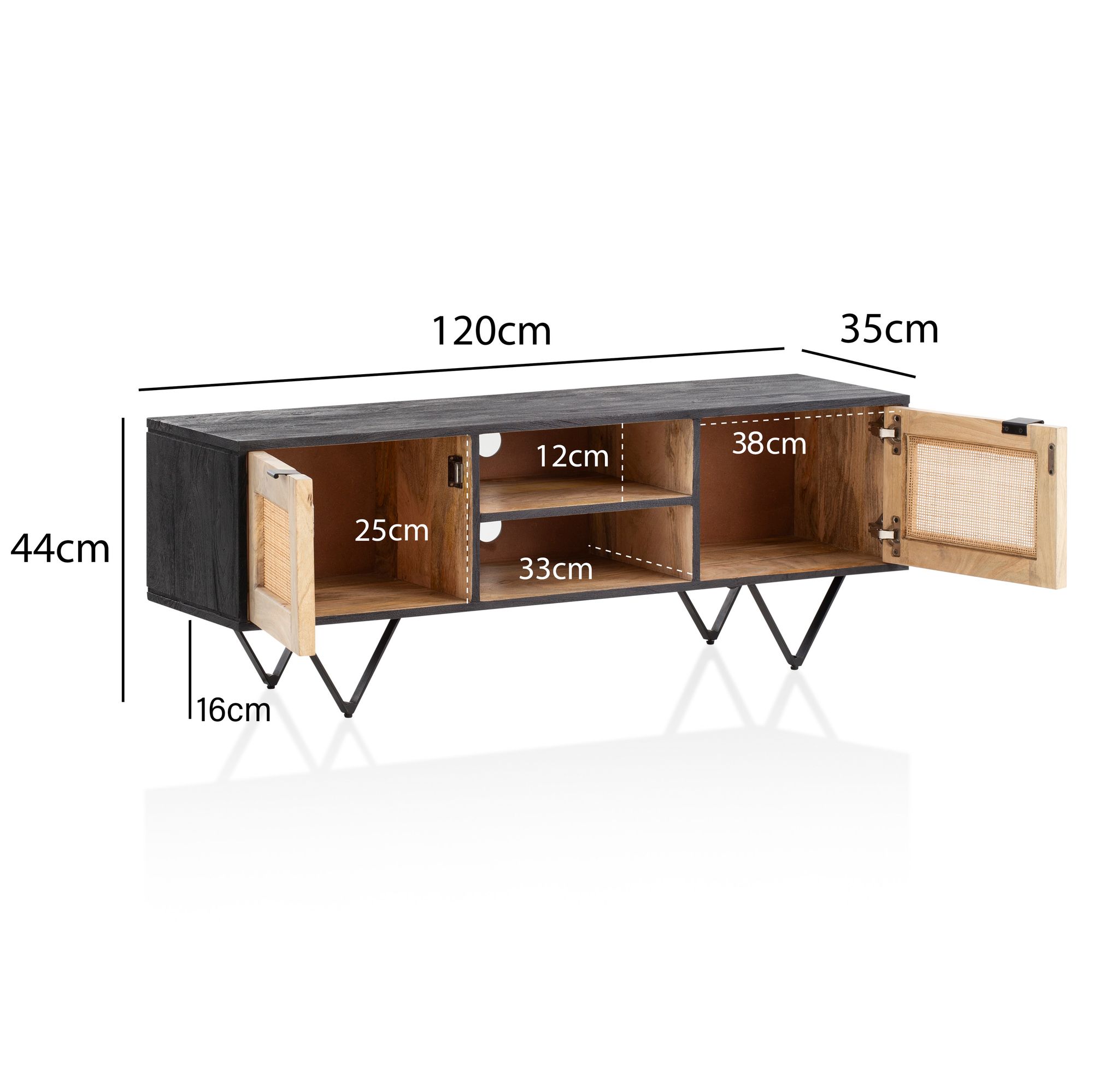 Design lowboard legno massello / rattan 120x44x35 cm tavolo tv rovere moderno