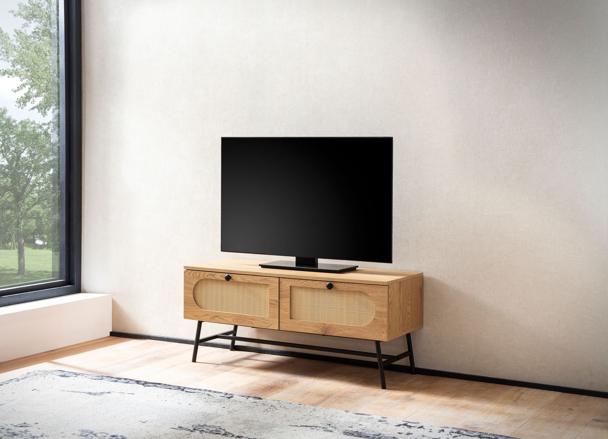 Mobile tv lowboard 100x45x40 cm con decoro in rovere e rattan, mobile tv di design alto con cassetti, tavolo tv mobile tv, mobile tv soggiorno