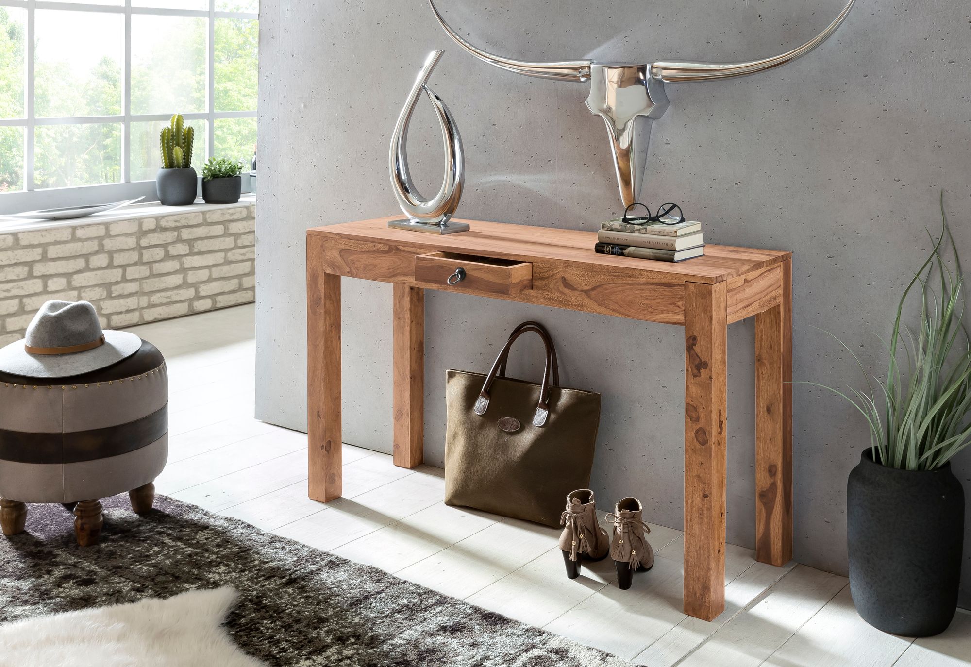 Consolle console in legno massello di acacia con 1 cassetto 120 x 40 cm credenza in stile country