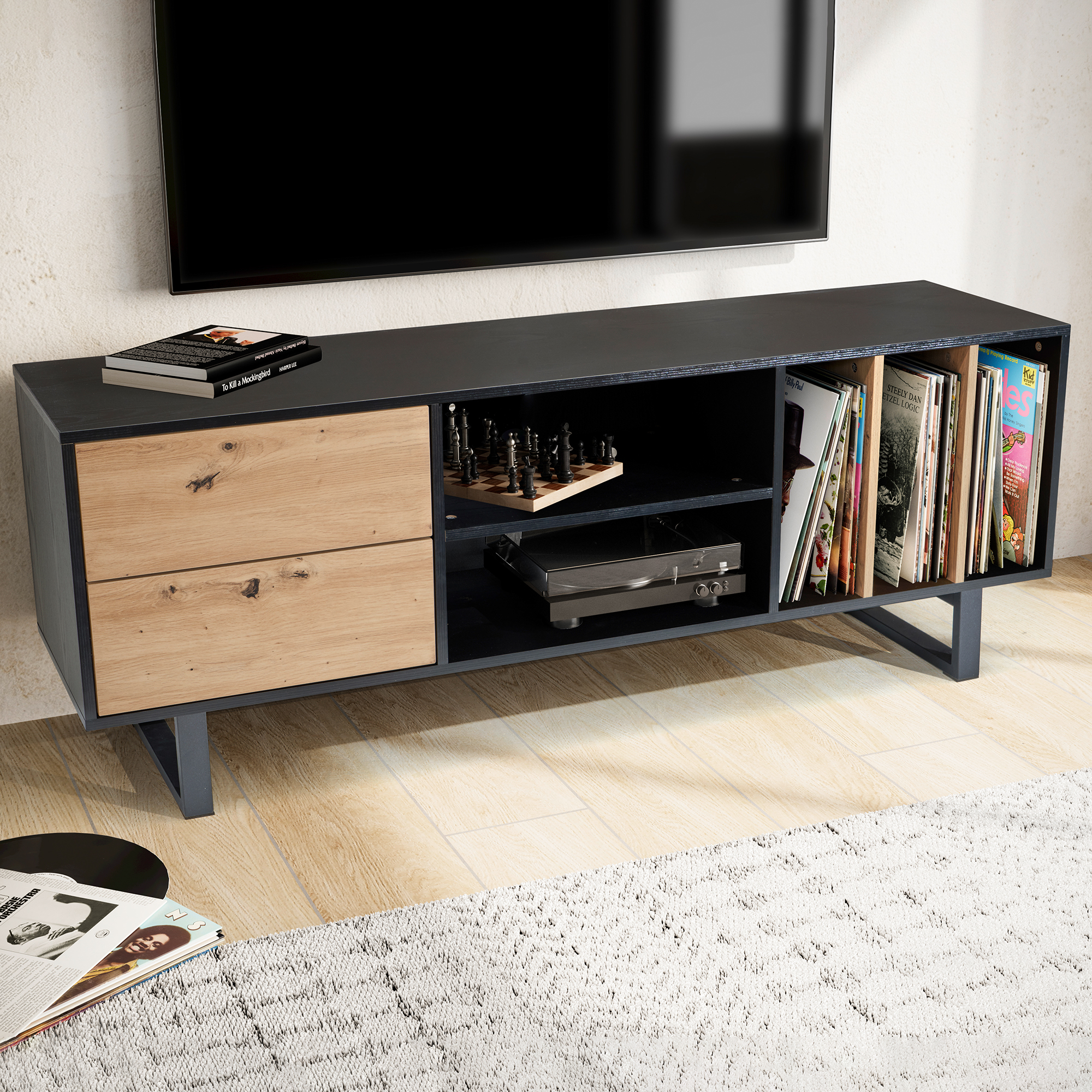 Credenza bassa nera con decoro in rovere 150x55x40 cm mobile tv moderno, mobile tv di design alto, tavolo tv mobile tv con cassetti e ripiano, mobile tv soggiorno