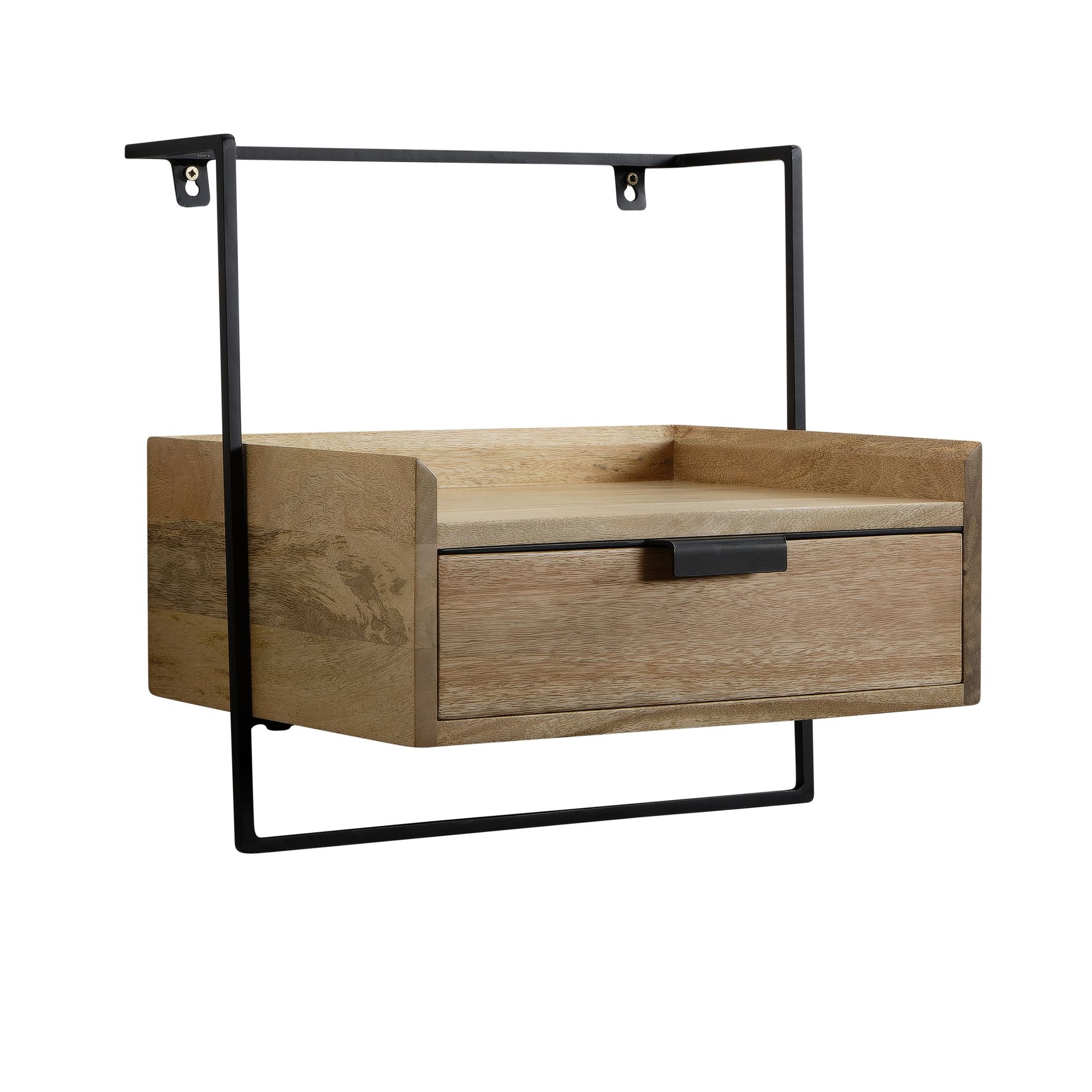 Comodino da letto da muro legno massello mango metallo 44x45x35 cm, consolle notturna marone chiaro industriale con cassetto, tavolino da notte da parete