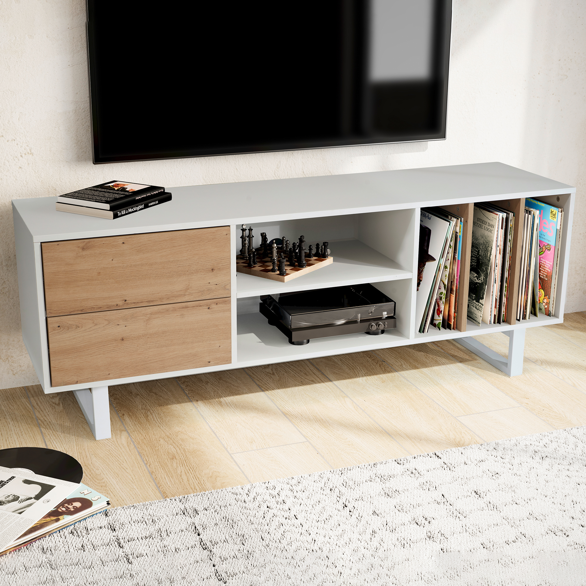 Credenza bianca con decoro in rovere 150x55x40 cm mobile tv moderno, mobile tv di design alto, tavolo tv mobile tv con cassetti e ripiano, mobile tv soggiorno