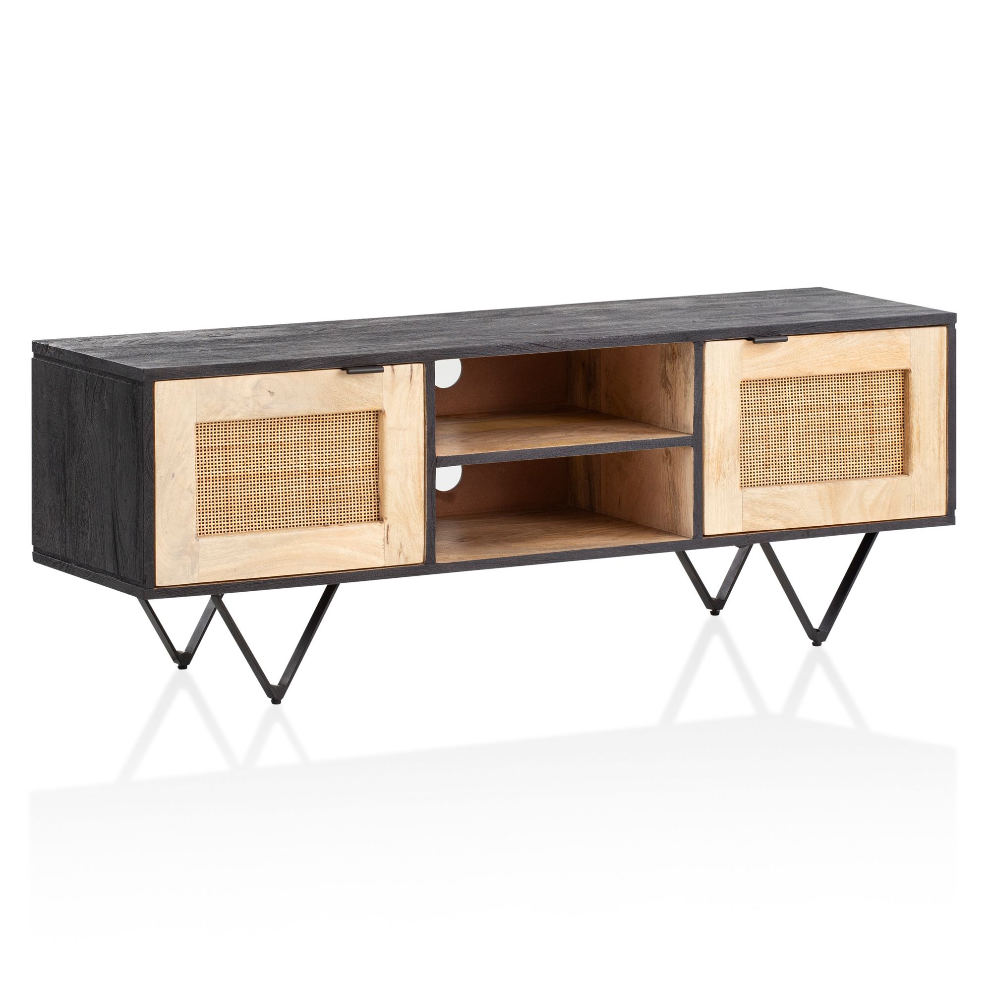 Design lowboard legno massello / rattan 120x44x35 cm tavolo tv rovere moderno