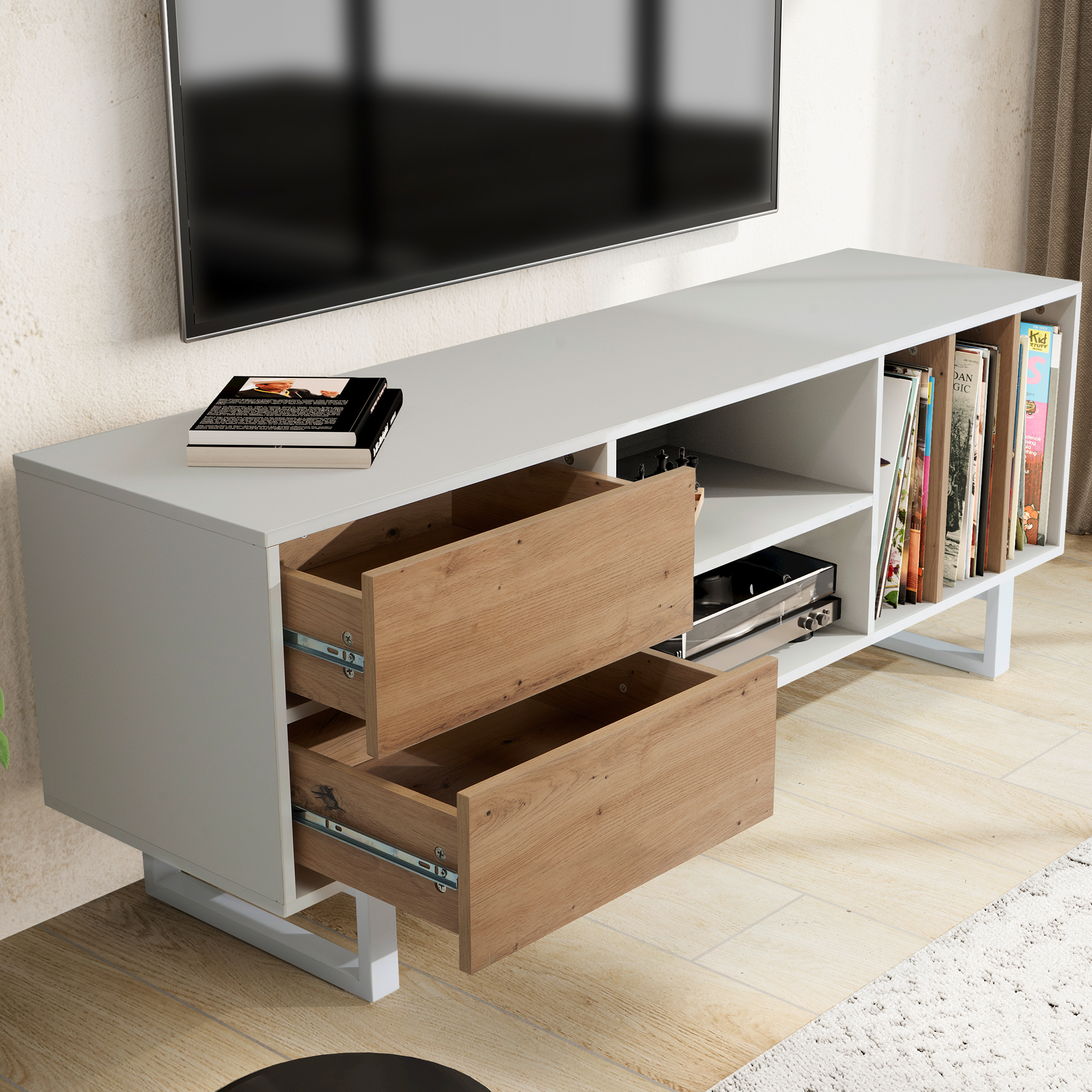 Credenza bianca con decoro in rovere 150x55x40 cm mobile tv moderno, mobile tv di design alto, tavolo tv mobile tv con cassetti e ripiano, mobile tv soggiorno