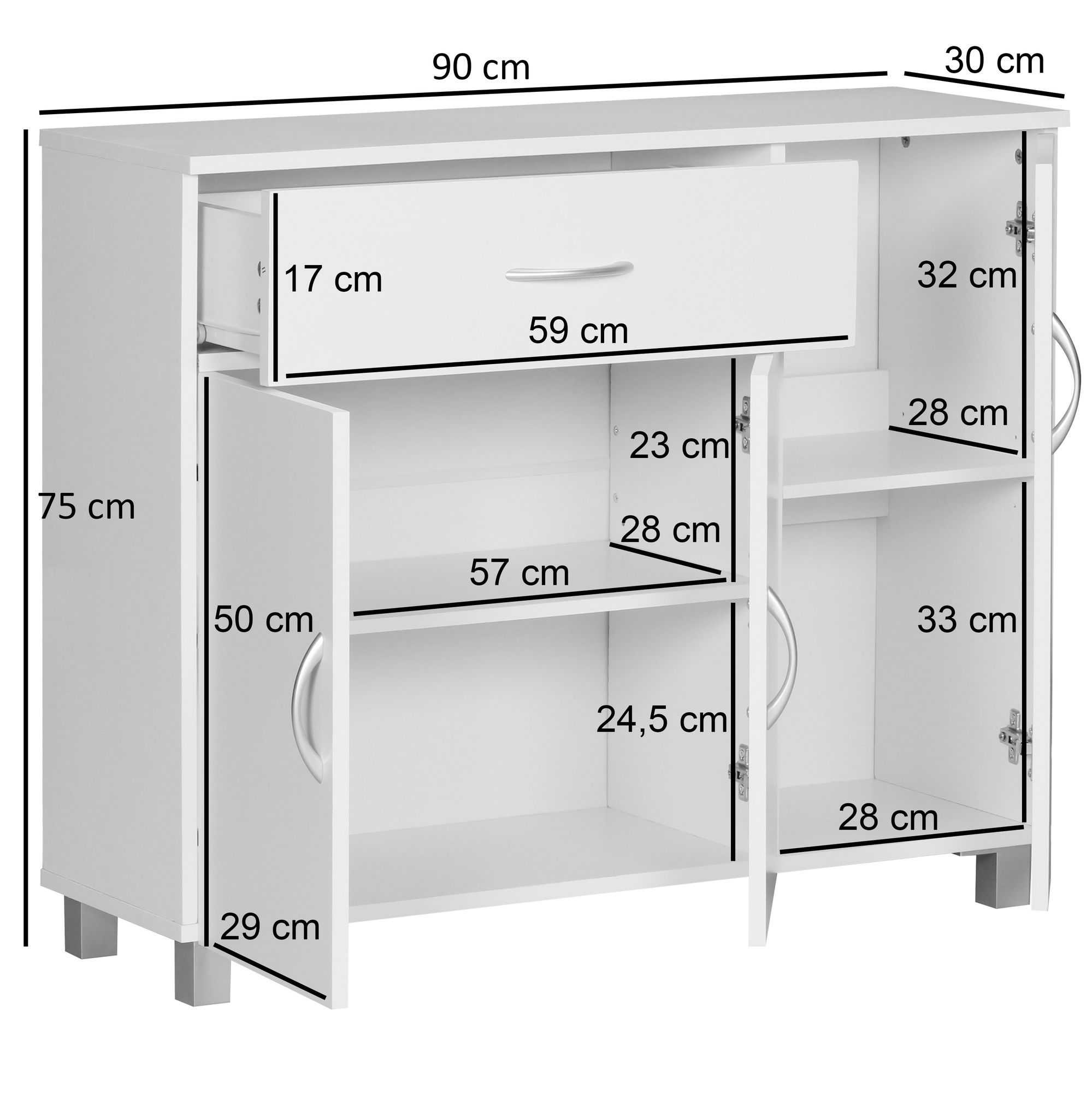 Credenza jarry bianco opaco con 1 cassetto e 3 porte 90 x 75 x 30 cm