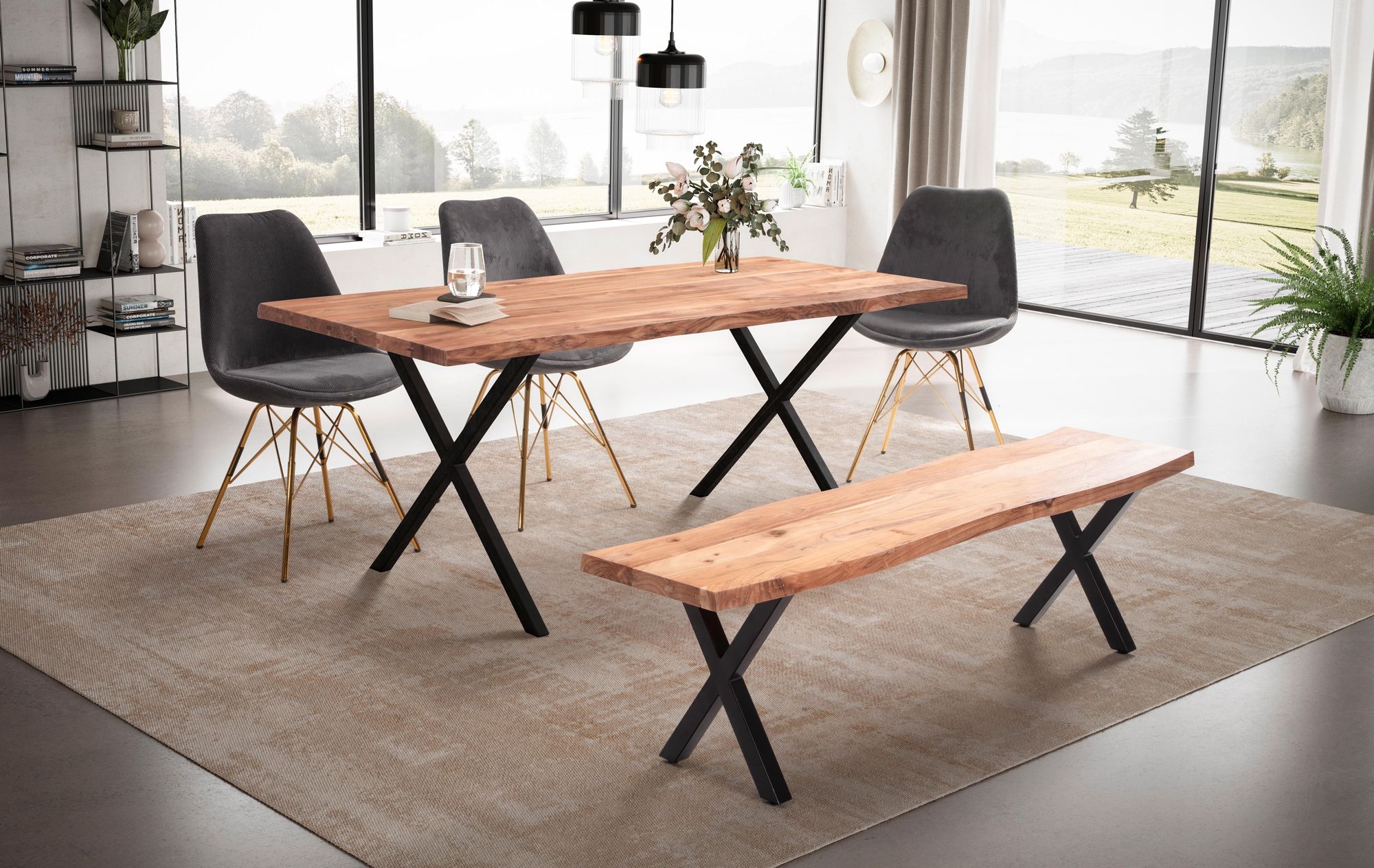 Tavolo da pranzo 120x60x76 cm tavolo da pranzo in legno massello di acacia / metallo bordo albero, tavolo da cucina massiccio con gambe a x in nero, tavolo da pranzo in legno tavolo da pranzo rettangolare