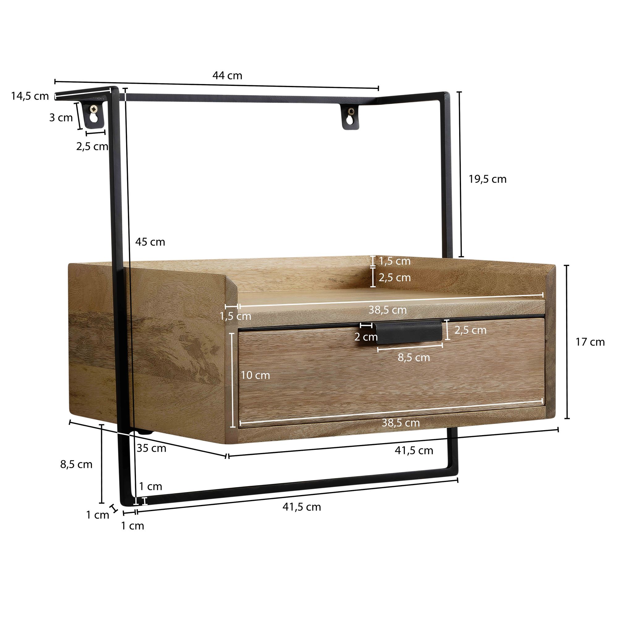 Comodino da letto da muro legno massello mango metallo 44x45x35 cm, consolle notturna marone chiaro industriale con cassetto, tavolino da notte da parete