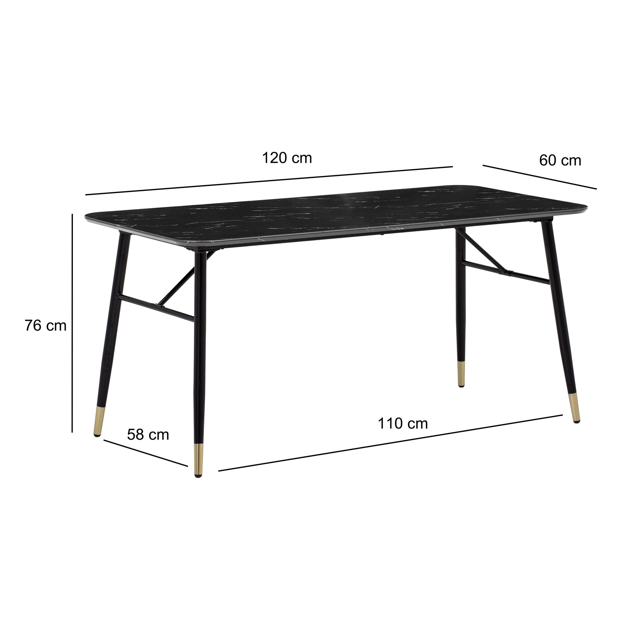 Tavolo da pranzo 120x60x76 cm tavolo da pranzo nero in effetto marmo moderno, tavolo da cucina piccolo, tavolo da pranzo rettangolare, tavolo da sala da pranzo con gambe in metallo