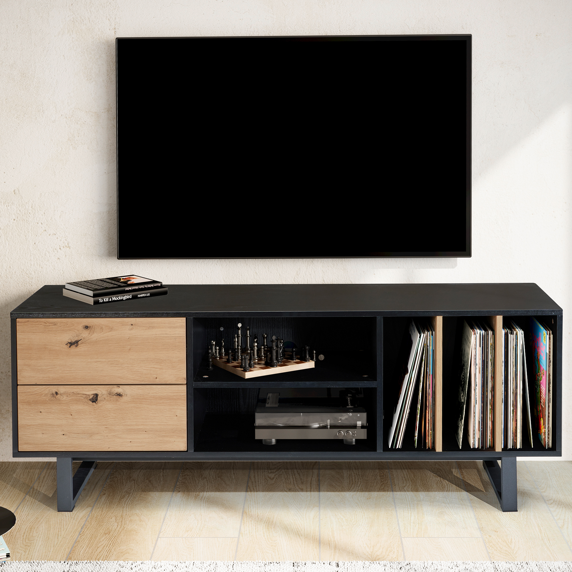 Credenza bassa nera con decoro in rovere 150x55x40 cm mobile tv moderno, mobile tv di design alto, tavolo tv mobile tv con cassetti e ripiano, mobile tv soggiorno