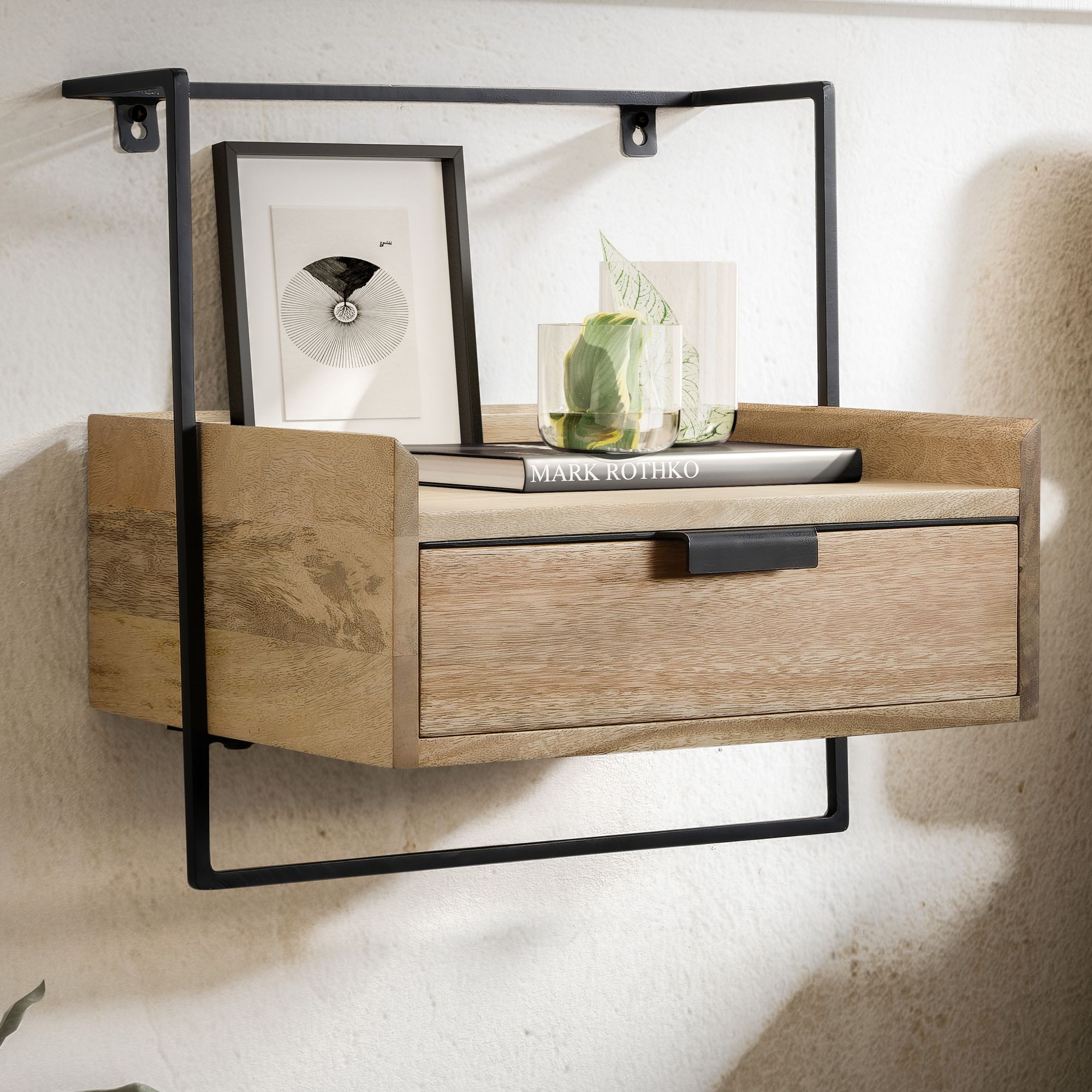 Comodino da letto da muro legno massello mango metallo 44x45x35 cm, consolle notturna marone chiaro industriale con cassetto, tavolino da notte da parete